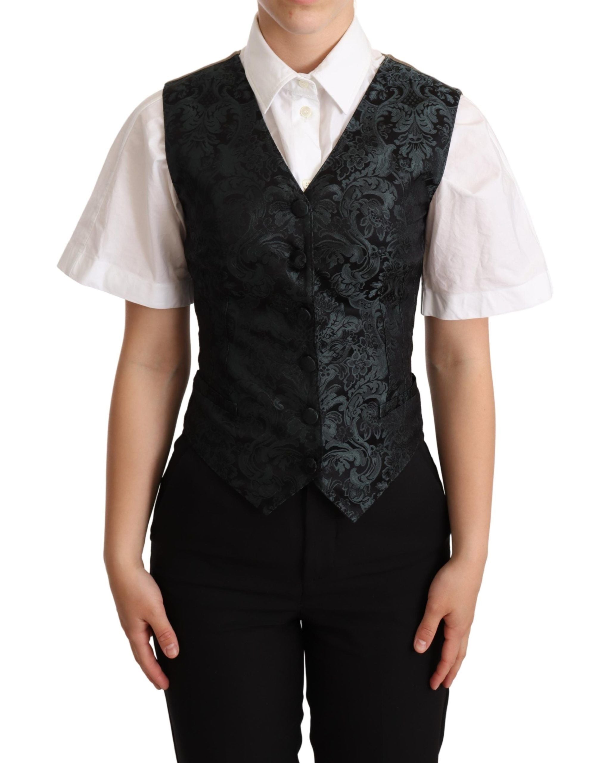Dolce & Gabbana Black Jacquard Floral Waistcoat Vest Green Dolce & Gabbana