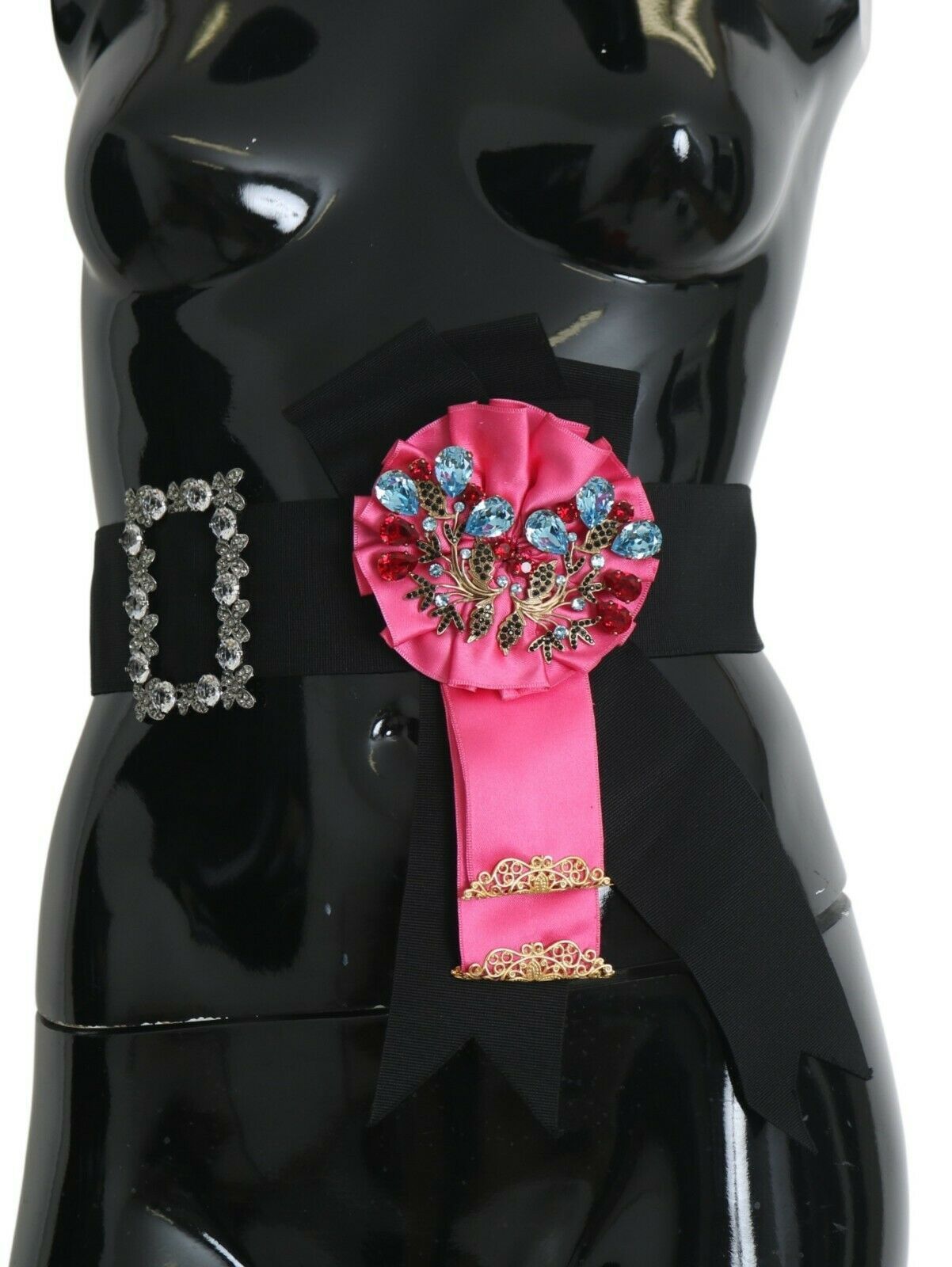 Dolce & Gabbana Black Pink Flower Brooch Crystals Cotton Belt Dolce & Gabbana