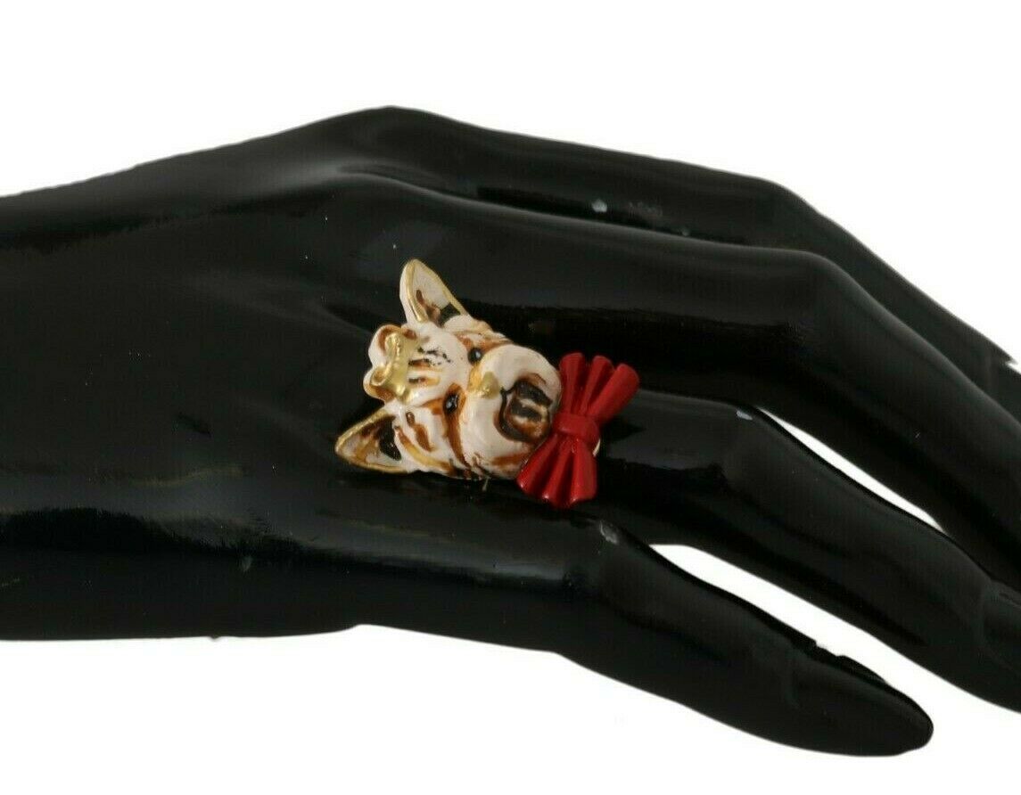 Dolce & Gabbana Gold Brass Resin Beige Dog Pet Branded Accessory Ring Dolce & Gabbana