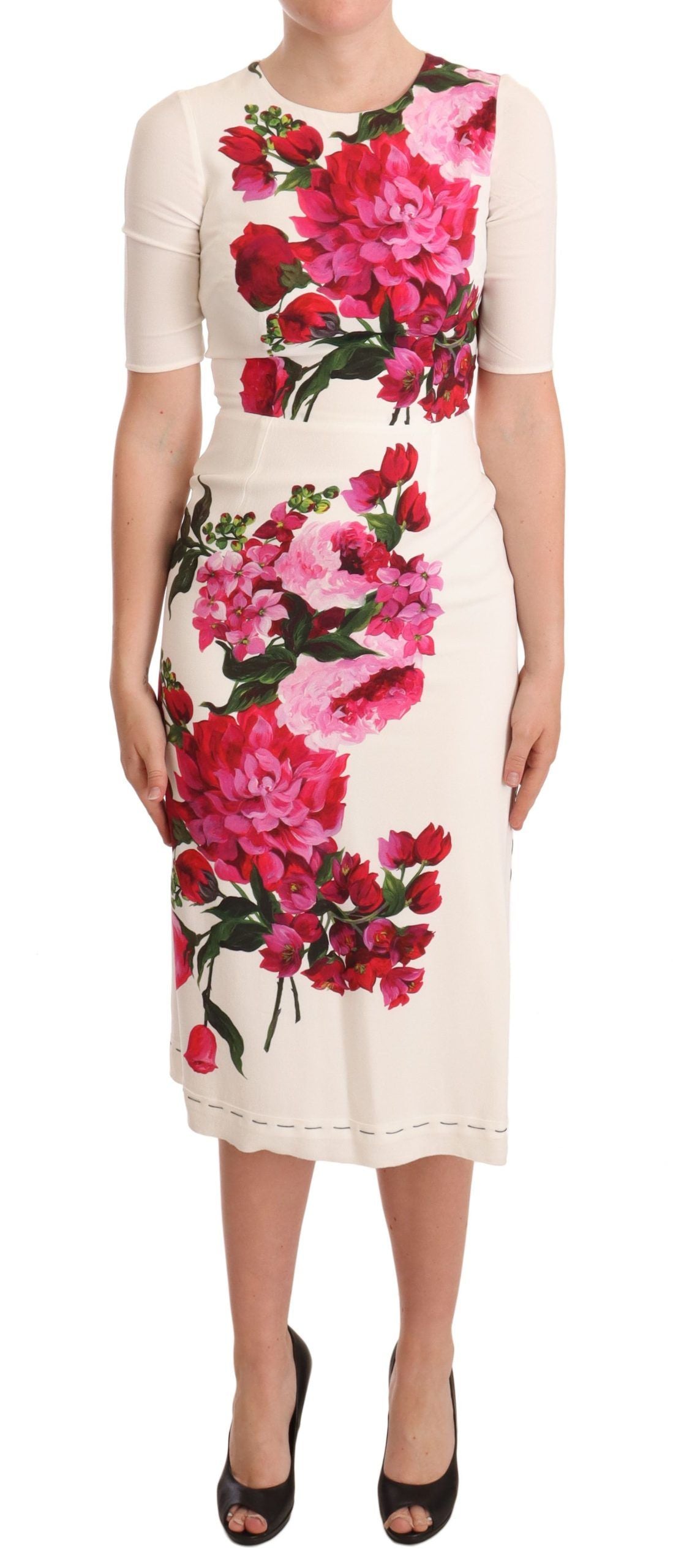 Dolce & Gabbana White Floral Printed Crepe Midi Slit Dress Dolce & Gabbana