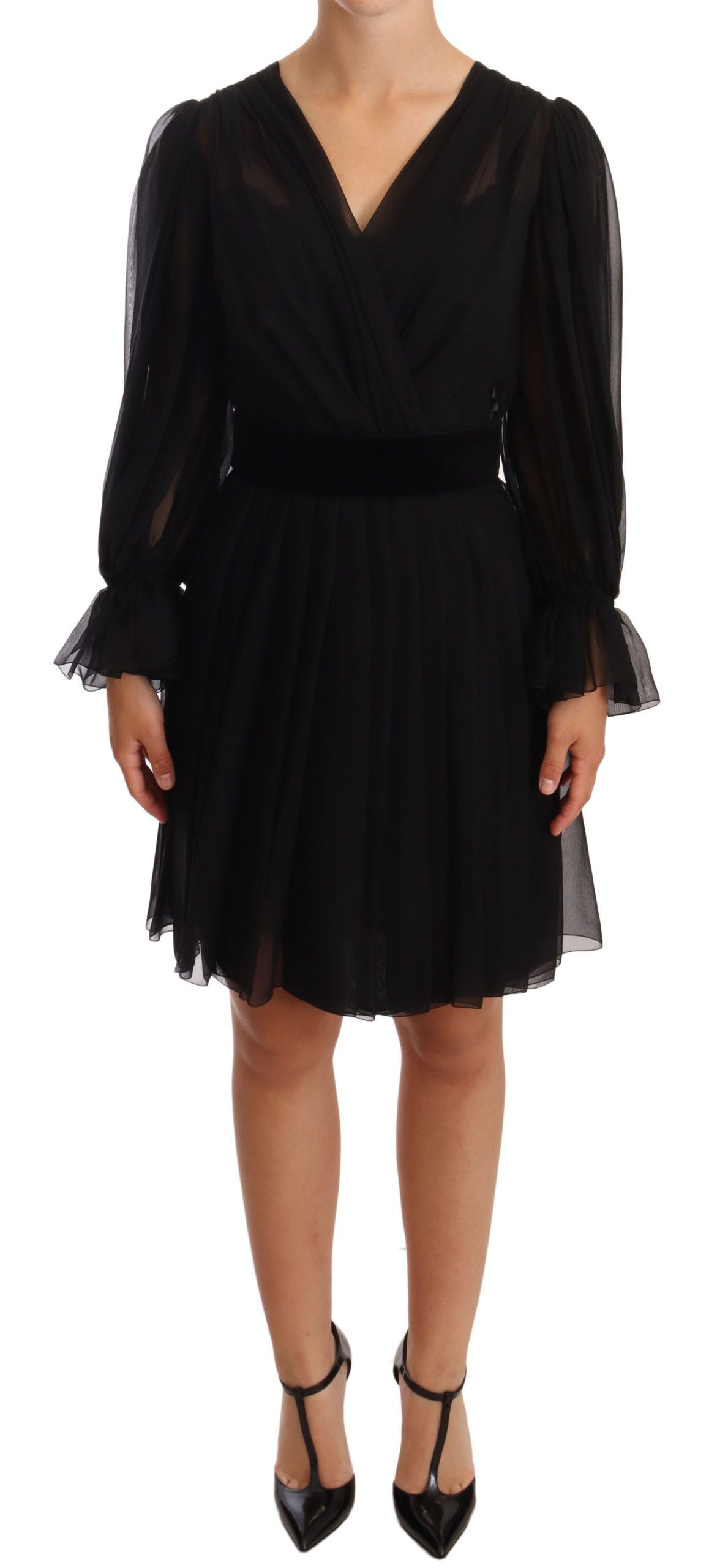 Dolce & Gabbana Black Mesh Pleated Mini Silk Stretch Dress Dolce & Gabbana