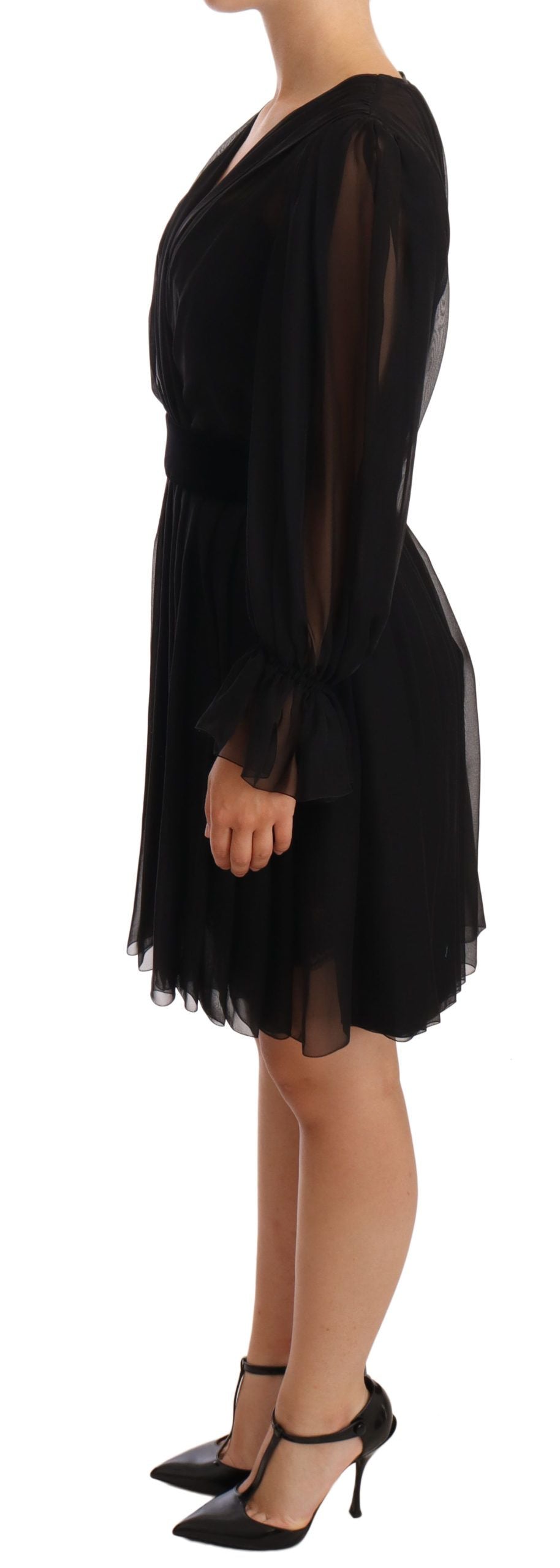Dolce & Gabbana Black Mesh Pleated Mini Silk Stretch Dress Dolce & Gabbana