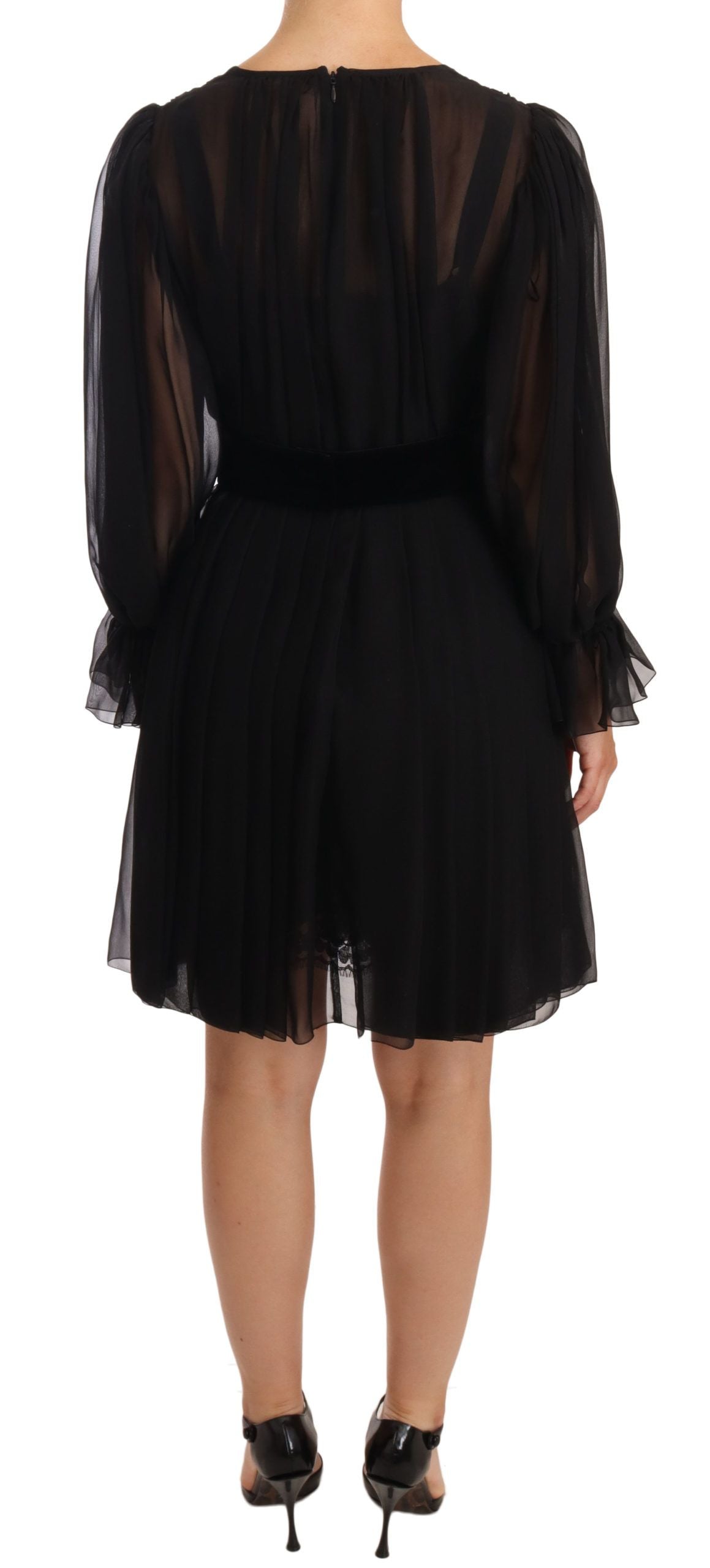Dolce & Gabbana Black Mesh Pleated Mini Silk Stretch Dress Dolce & Gabbana