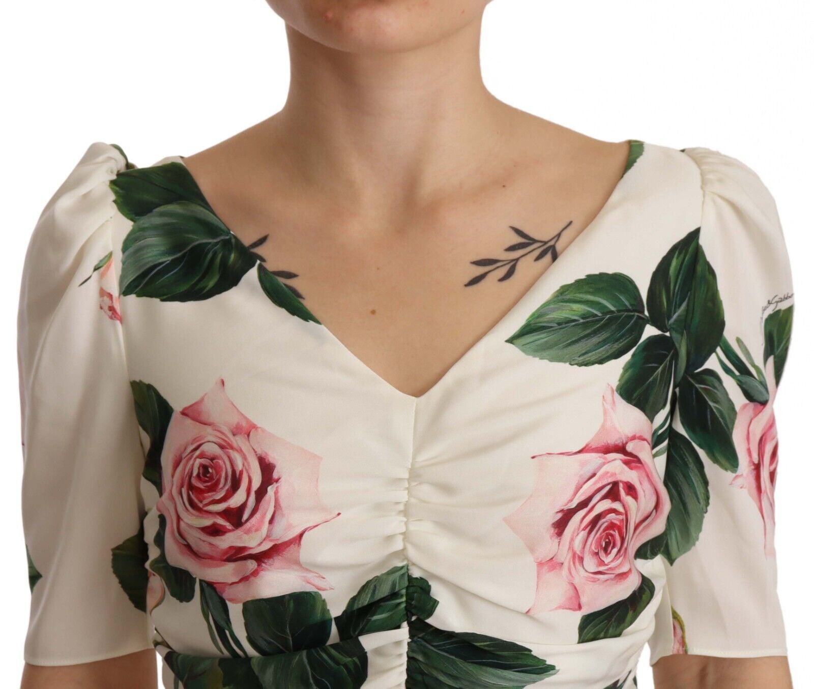 Dolce & Gabbana White Roses Print Stretch Silk Pleated Dress Dolce & Gabbana