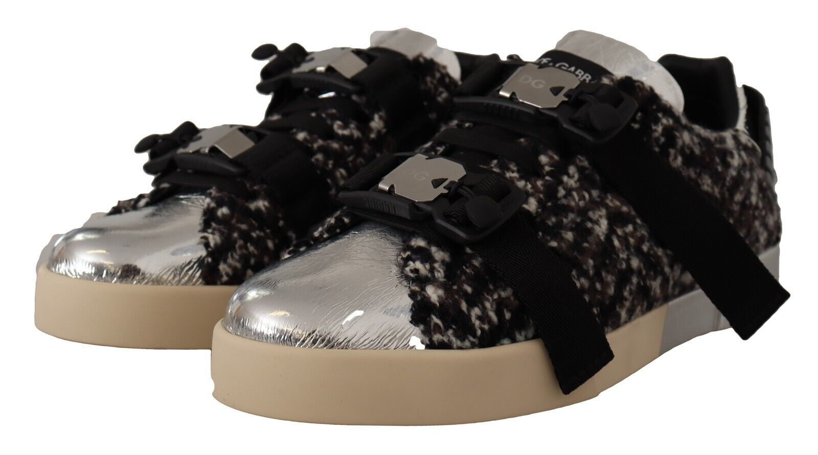 Dolce & Gabbana Silver Leather Brown Cotton Wool Sneakers Shoes Dolce & Gabbana