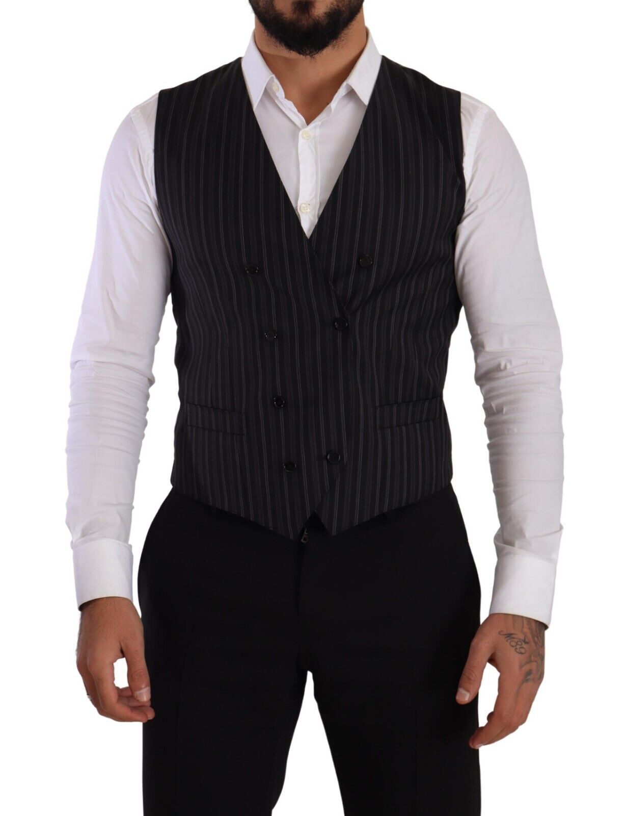Dolce & Gabbana Gray Striped Double Breasted Waistcoat Vest Dolce & Gabbana