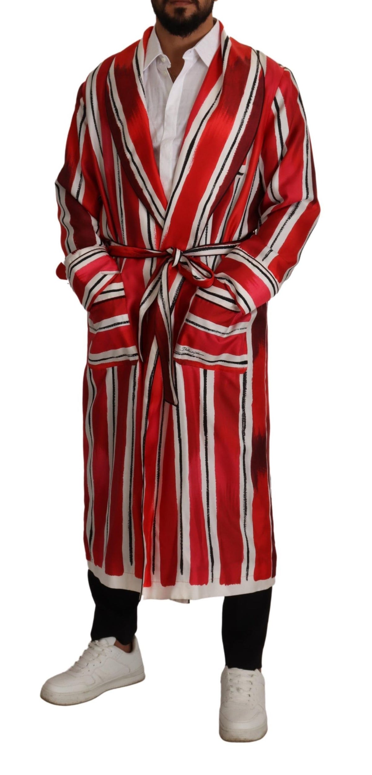 Dolce & Gabbana Red White Striped Silk Mens Night Gown Robe