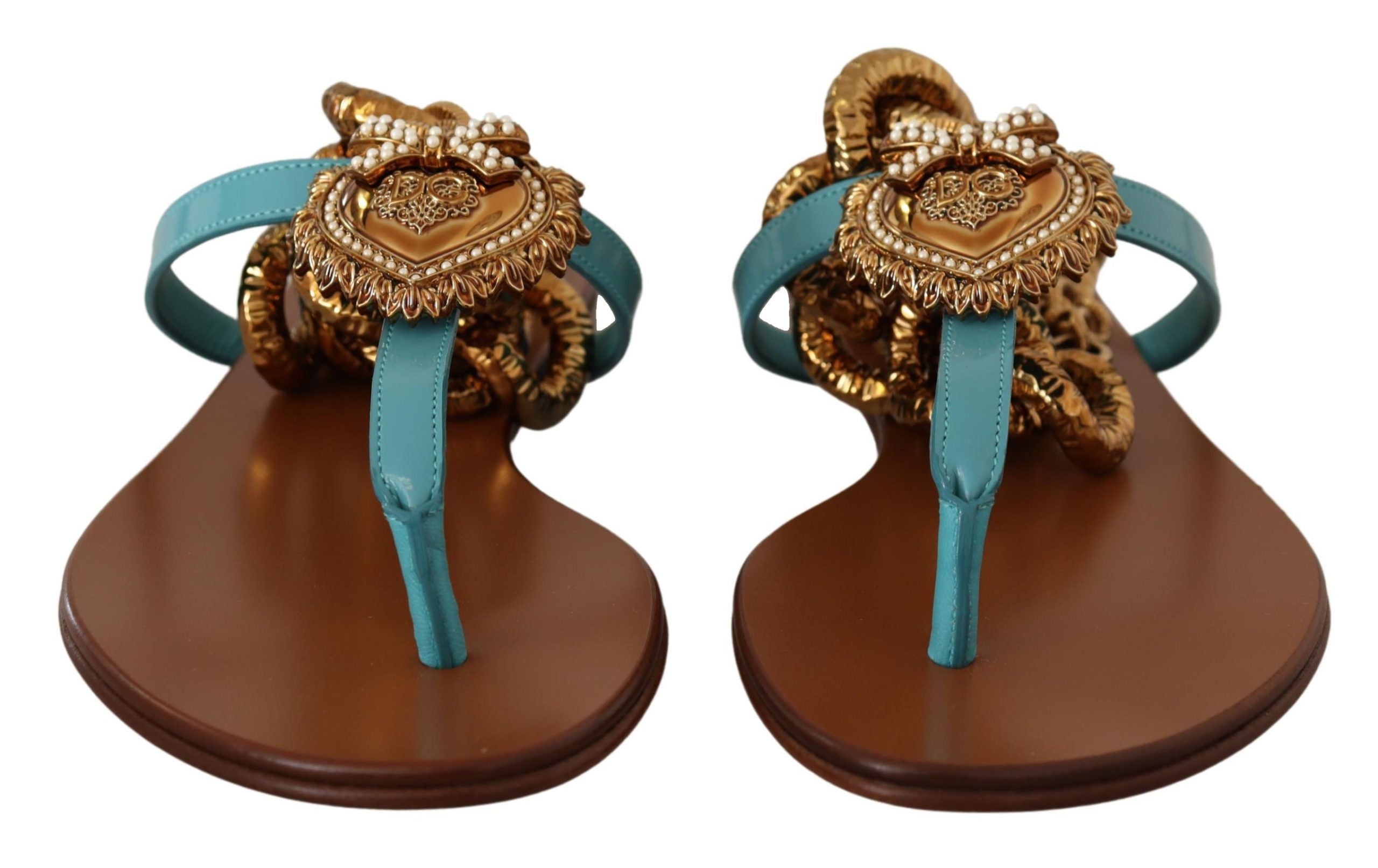 Dolce & Gabbana Blue Leather Devotion Flats Sandals Dolce & Gabbana