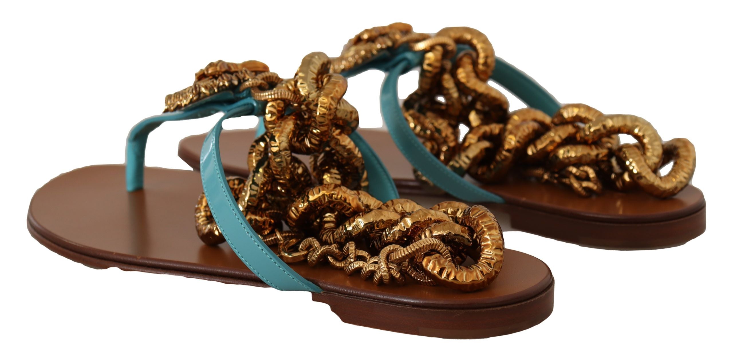 Dolce & Gabbana Blue Leather Devotion Flats Sandals Dolce & Gabbana