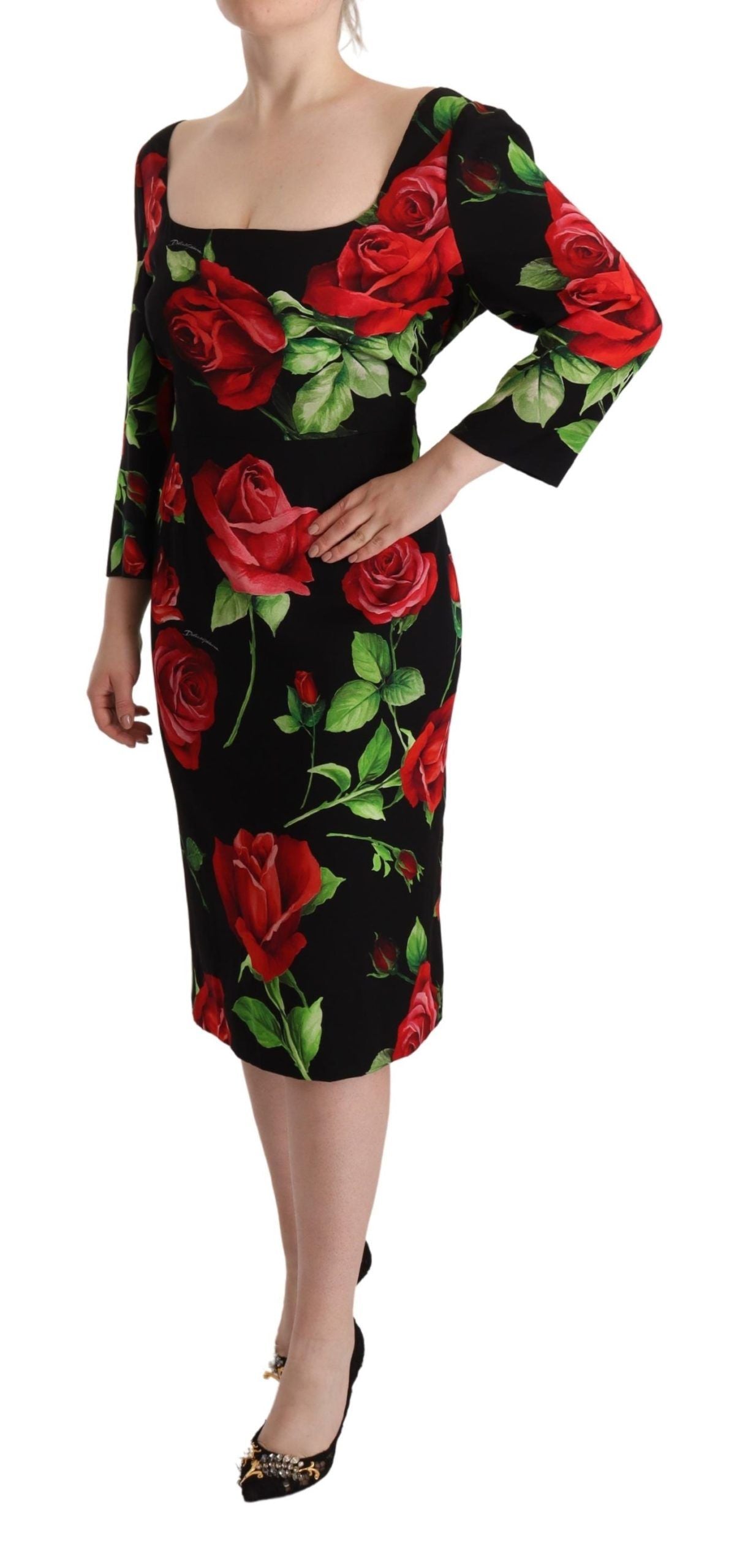 Dolce & Gabbana Black Red Roses Sheath Stretch Silk Dress Dolce & Gabbana