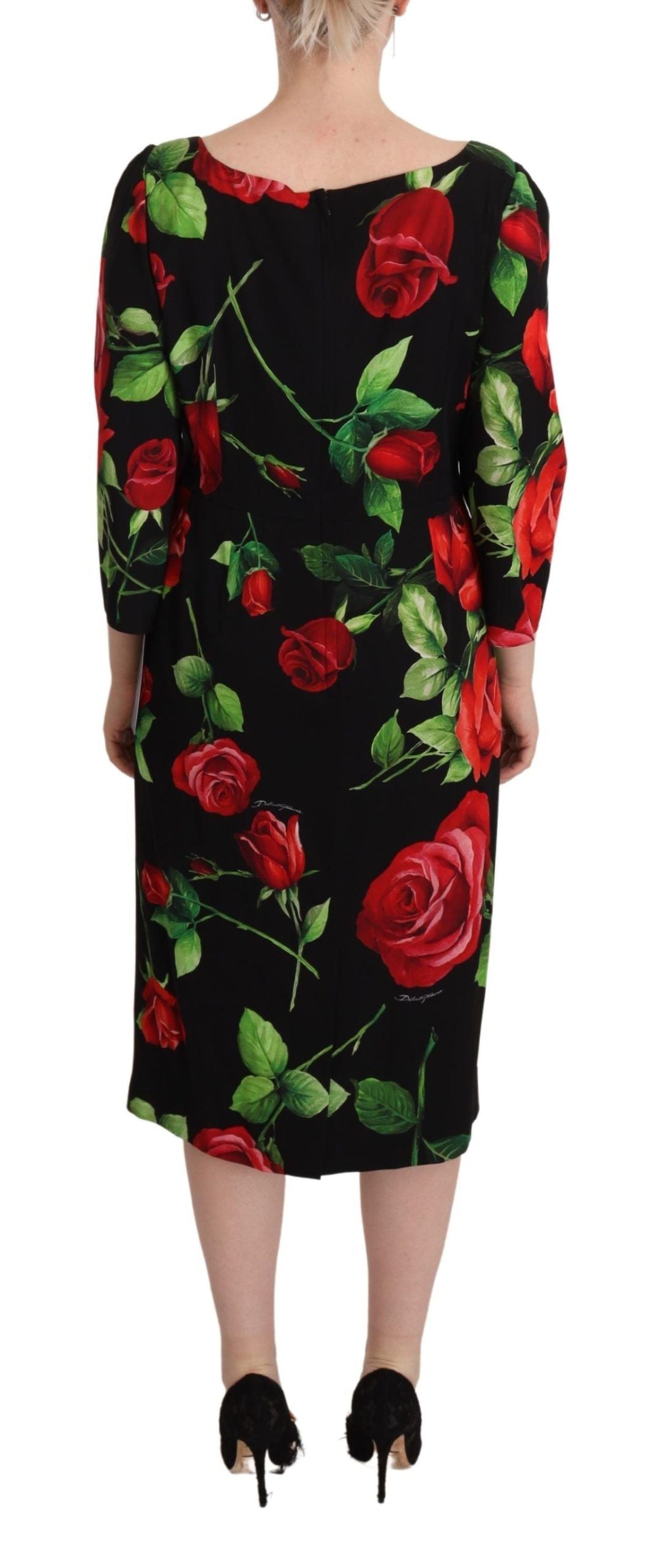 Dolce & Gabbana Black Red Roses Sheath Stretch Silk Dress Dolce & Gabbana
