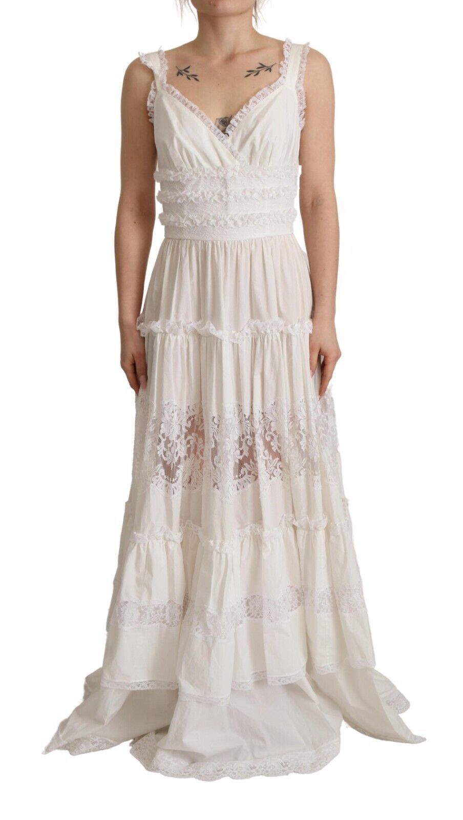 Dolce & Gabbana White Cotton Tiered Long Maxi A-line Dress Dolce & Gabbana