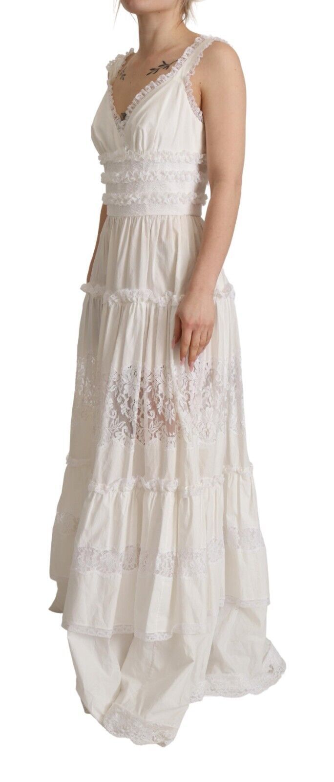 Dolce & Gabbana White Cotton Tiered Long Maxi A-line Dress Dolce & Gabbana