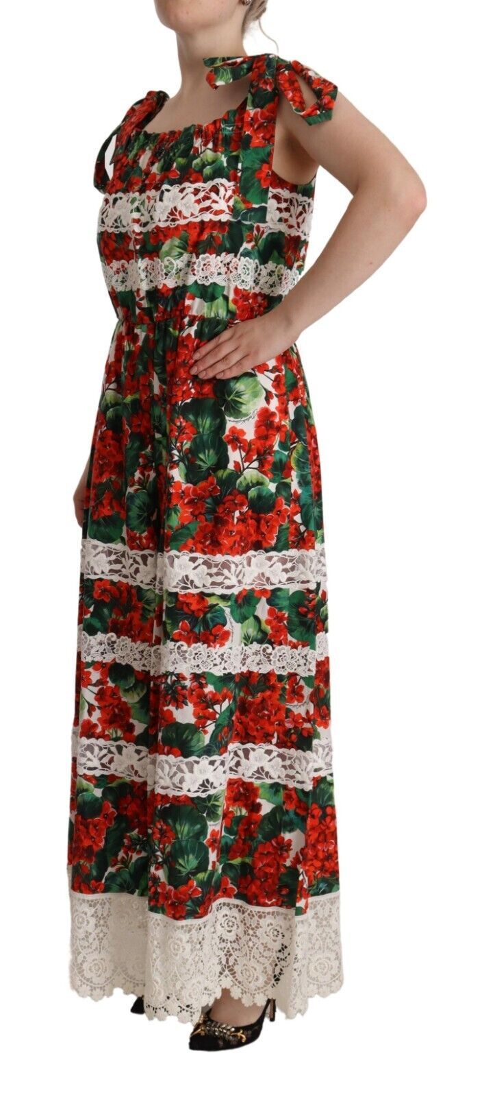 Dolce & Gabbana Multicolor Geranium Print Lace Long Maxi Dress Dolce & Gabbana