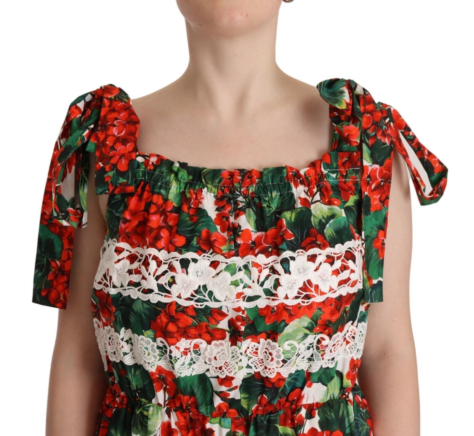 Dolce & Gabbana Multicolor Geranium Print Lace Long Maxi Dress Dolce & Gabbana