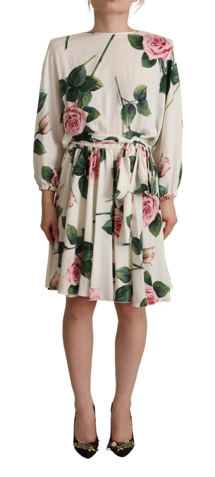 Dolce & Gabbana White Rose Print Long Sleeves A-line Dress Dolce & Gabbana