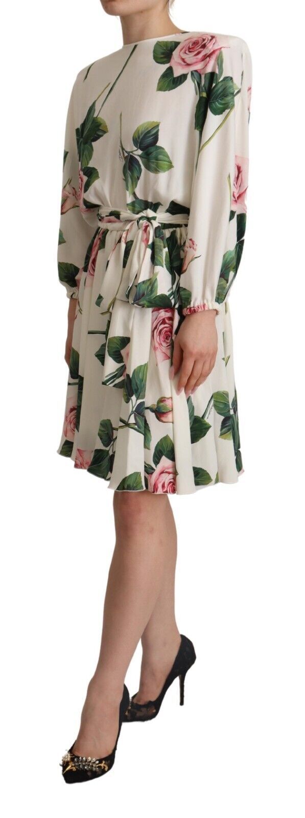 Dolce & Gabbana White Rose Print Long Sleeves A-line Dress Dolce & Gabbana
