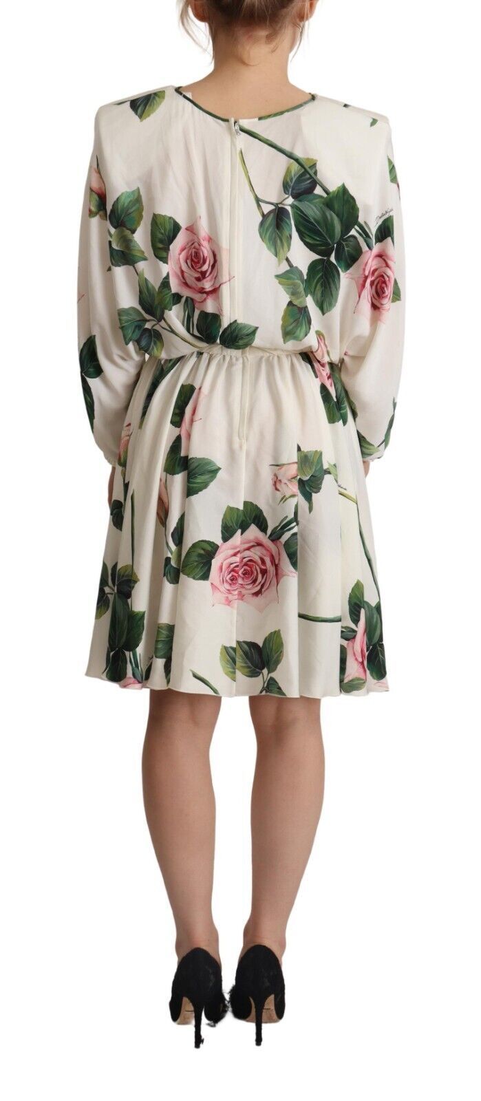 Dolce & Gabbana White Rose Print Long Sleeves A-line Dress Dolce & Gabbana