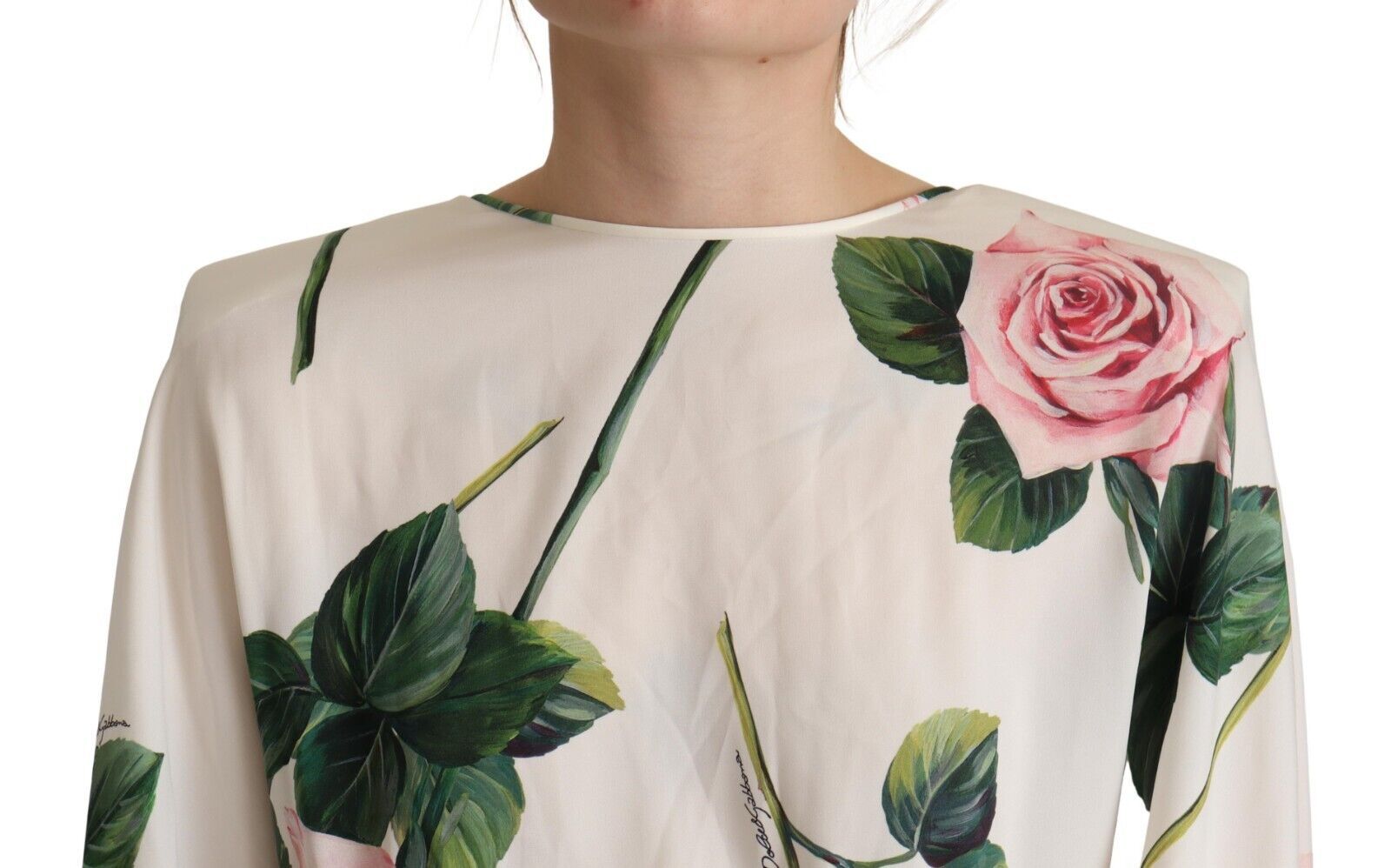 Dolce & Gabbana White Rose Print Long Sleeves A-line Dress Dolce & Gabbana