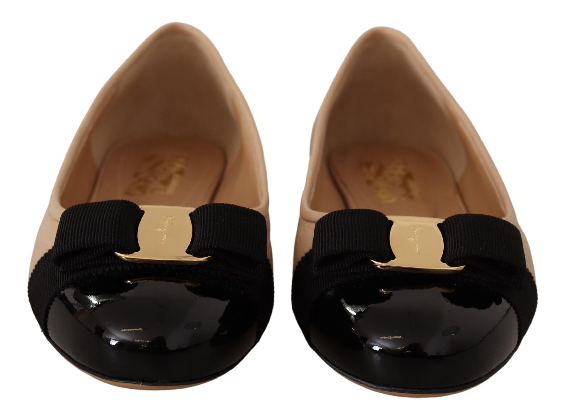 Salvatore Ferragamo Beige and Black Nappa Leather Ballet Flat Shoes Salvatore Ferragamo