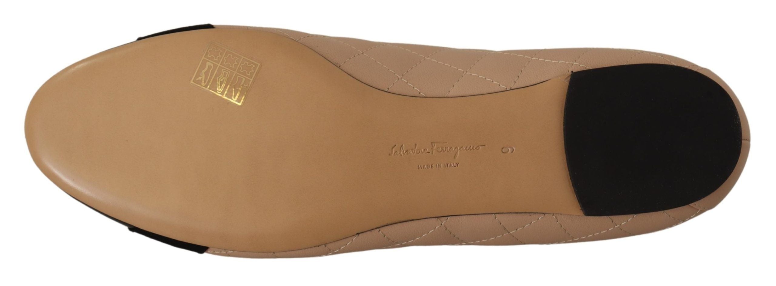 Salvatore Ferragamo Beige and Black Nappa Leather Ballet Flat Shoes Salvatore Ferragamo