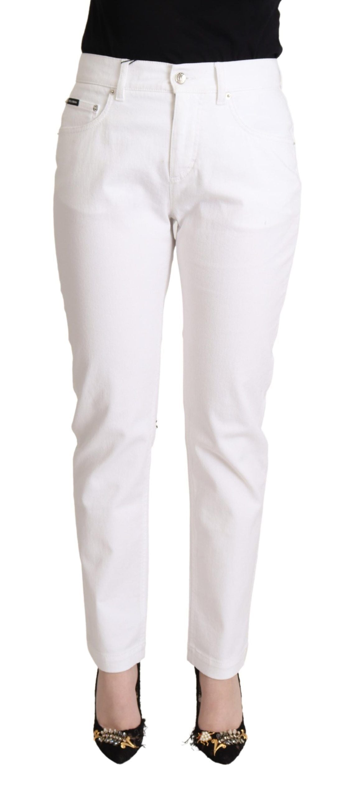 Dolce & Gabbana White Cotton Mid Waist Denim Tapered Jeans Dolce & Gabbana
