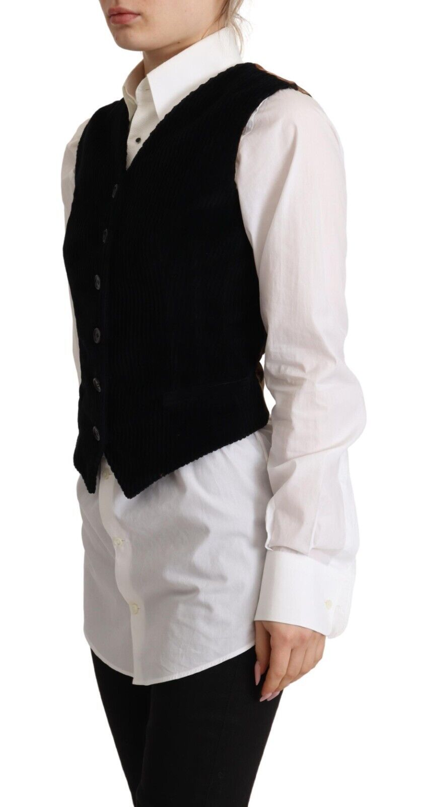 Dolce & Gabbana Black V-neck Leopard Corduroy Button Vest Top Dolce & Gabbana
