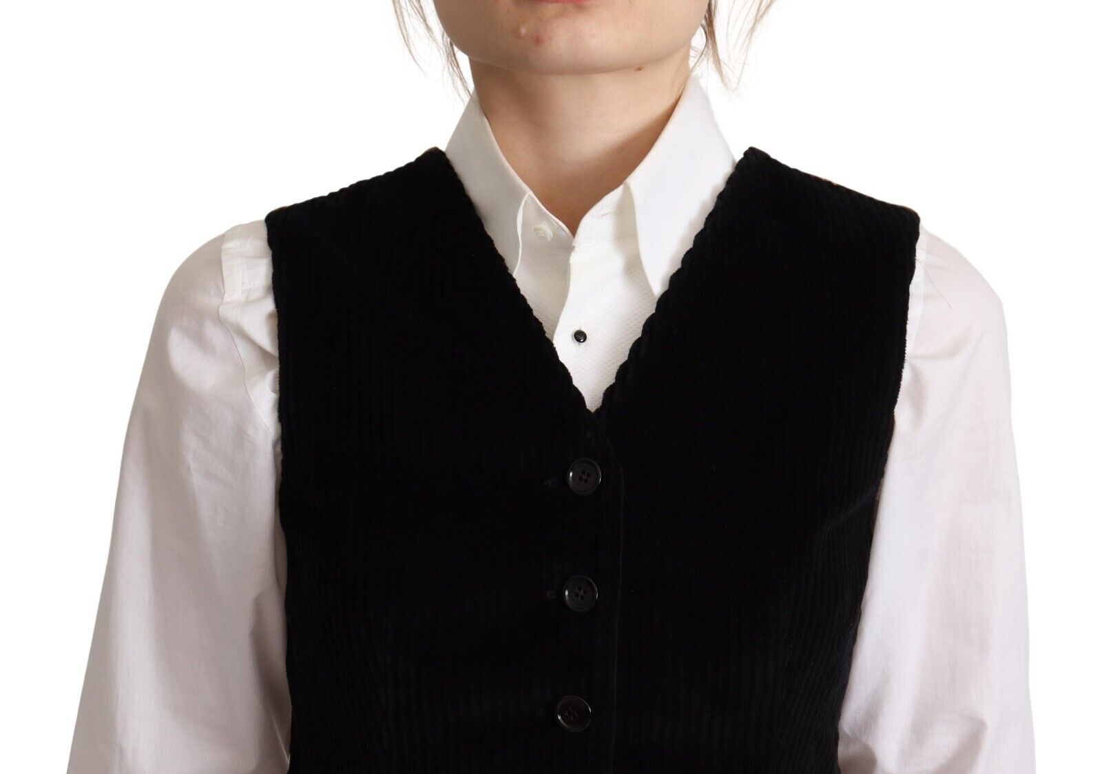 Dolce & Gabbana Black V-neck Leopard Corduroy Button Vest Top Dolce & Gabbana