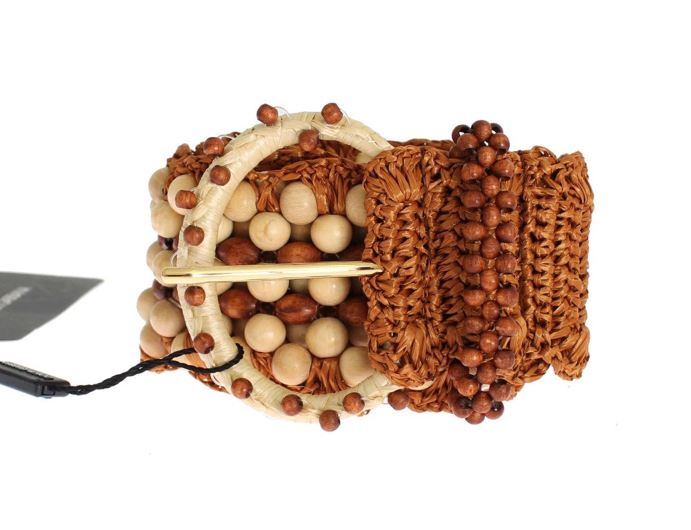 Dolce & Gabbana Brown Raffia Wood Beaded Wide Waist Belt Dolce & Gabbana