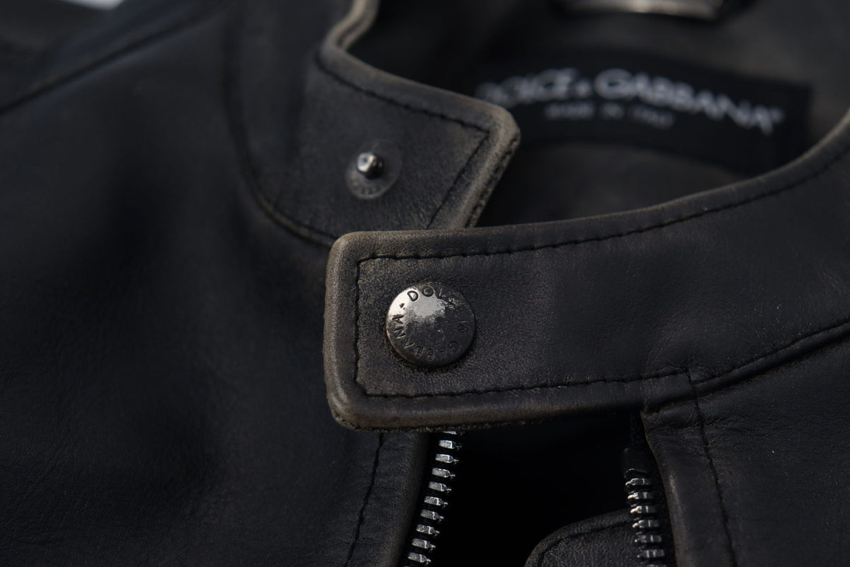 Dolce & Gabbana Black Leather Zipper Biker Coat Jacket Dolce & Gabbana