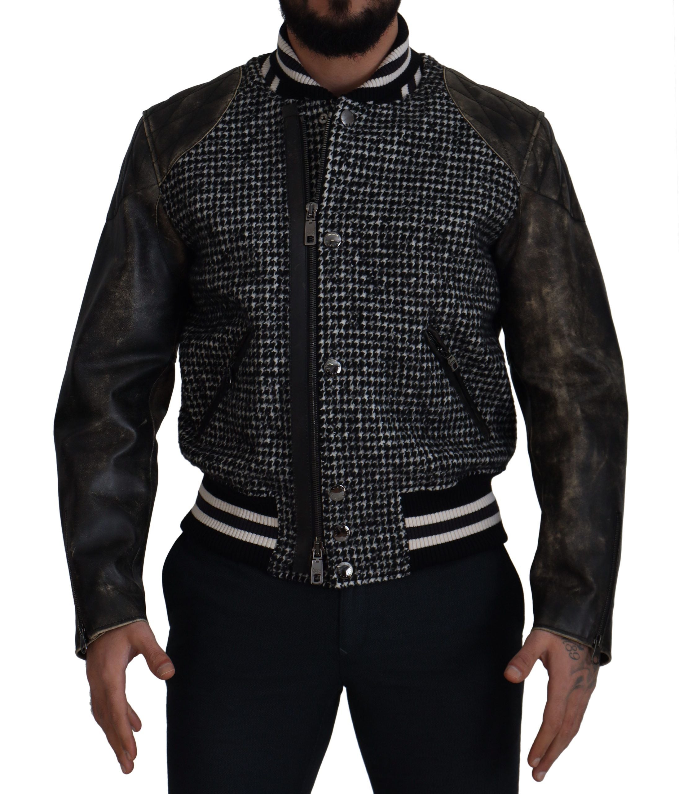 Dolce & Gabbana Black Houndstooth Polyester Bomber Jacket Dolce & Gabbana