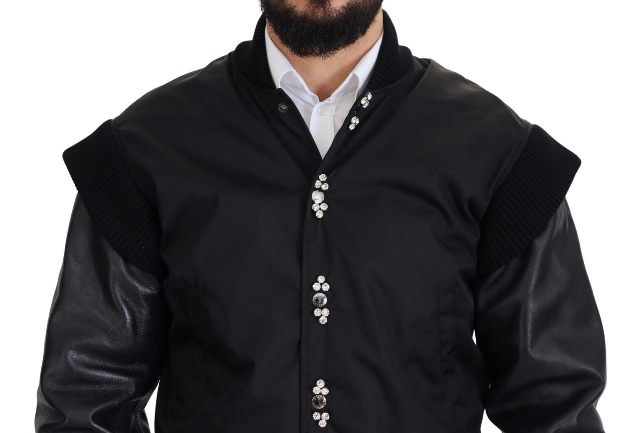 Dolce & Gabbana Black Nylon Crystals Coat Buttons Jacket Dolce & Gabbana