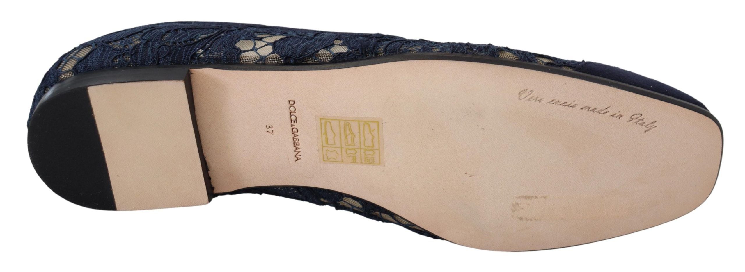 Dolce & Gabbana Blue Floral Lace Slip Ons Loafers Flats Shoes Dolce & Gabbana