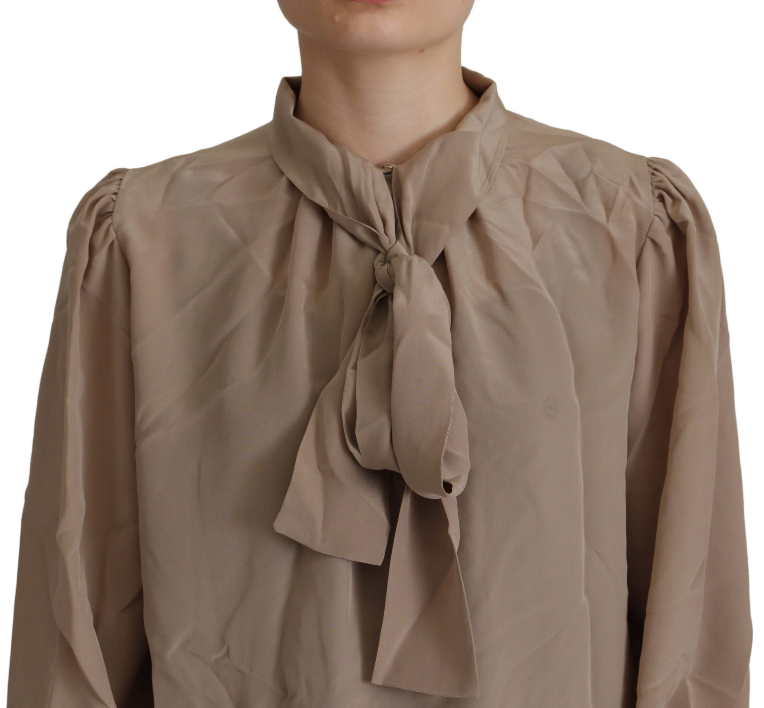 Dolce & Gabbana Brown Waistband Sleeves Ascot Collar Top Blouse Dolce & Gabbana