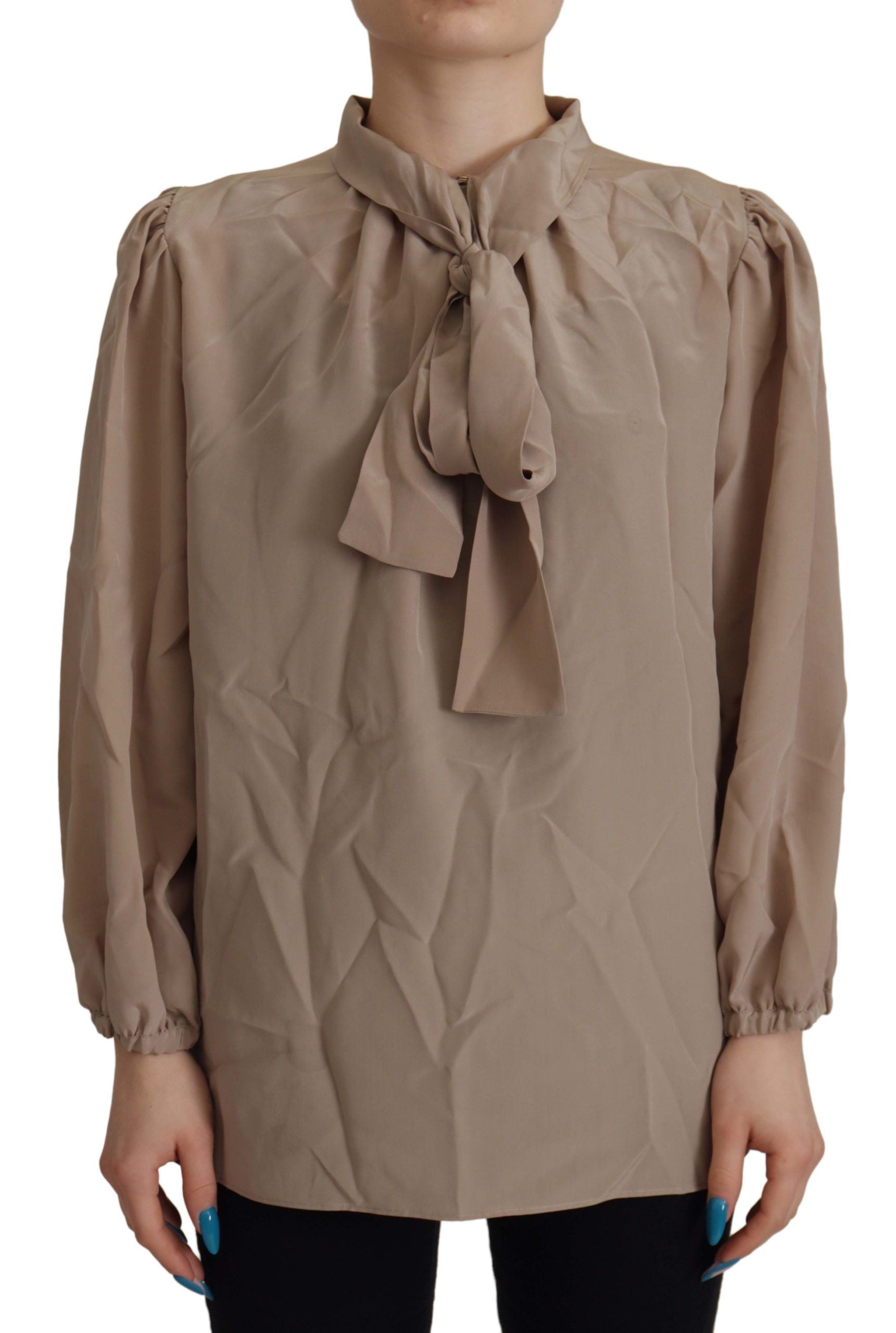 Dolce & Gabbana Brown Waistband Sleeves Ascot Collar Top Blouse Dolce & Gabbana