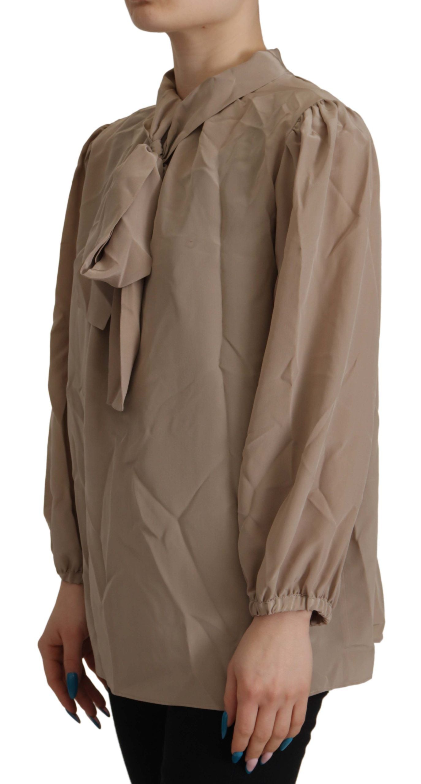Dolce & Gabbana Brown Waistband Sleeves Ascot Collar Top Blouse Dolce & Gabbana