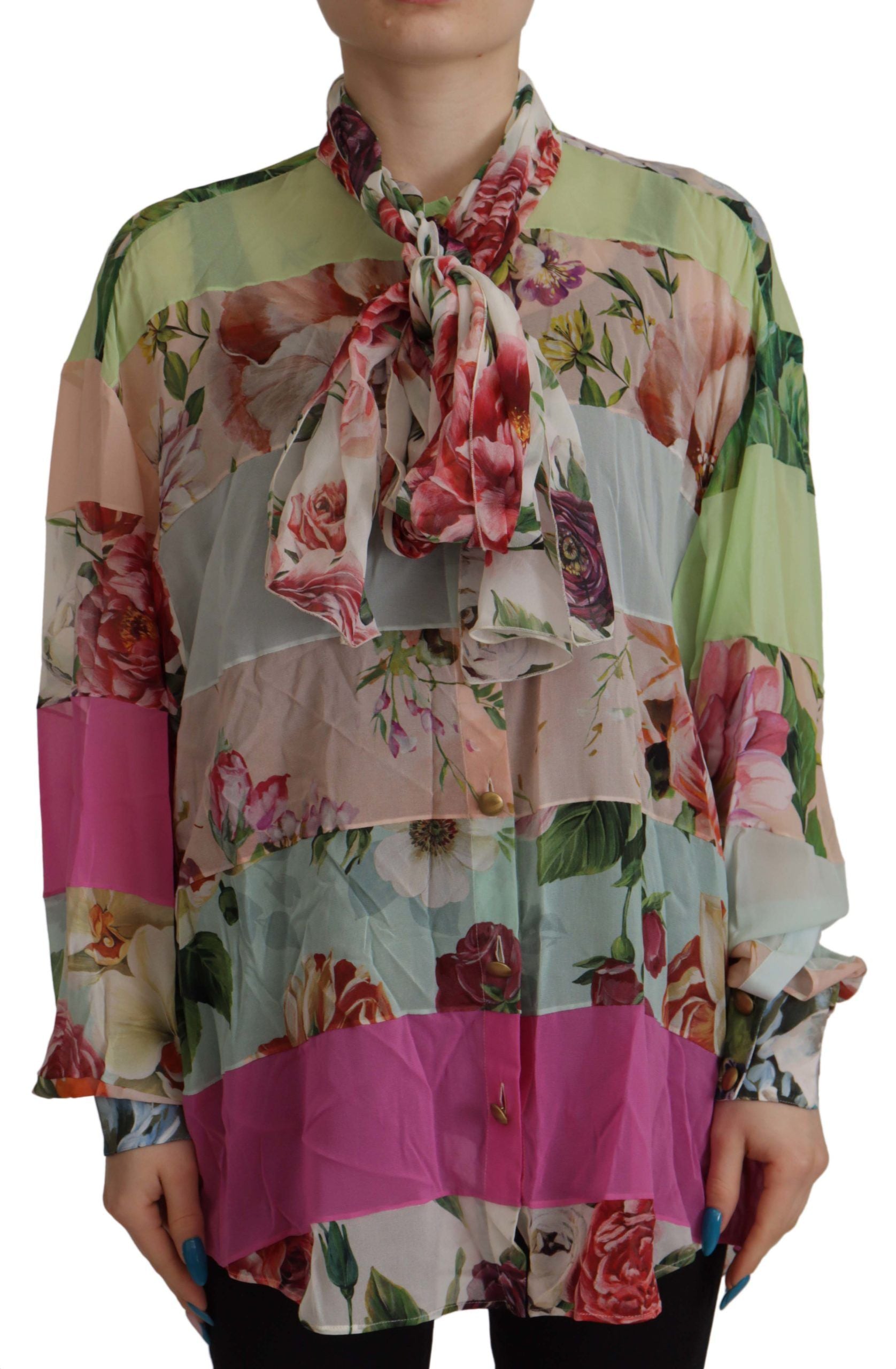Dolce & Gabbana Multicolor Floral Patchwork Design Ascot Collar Top Blouse Dolce & Gabbana