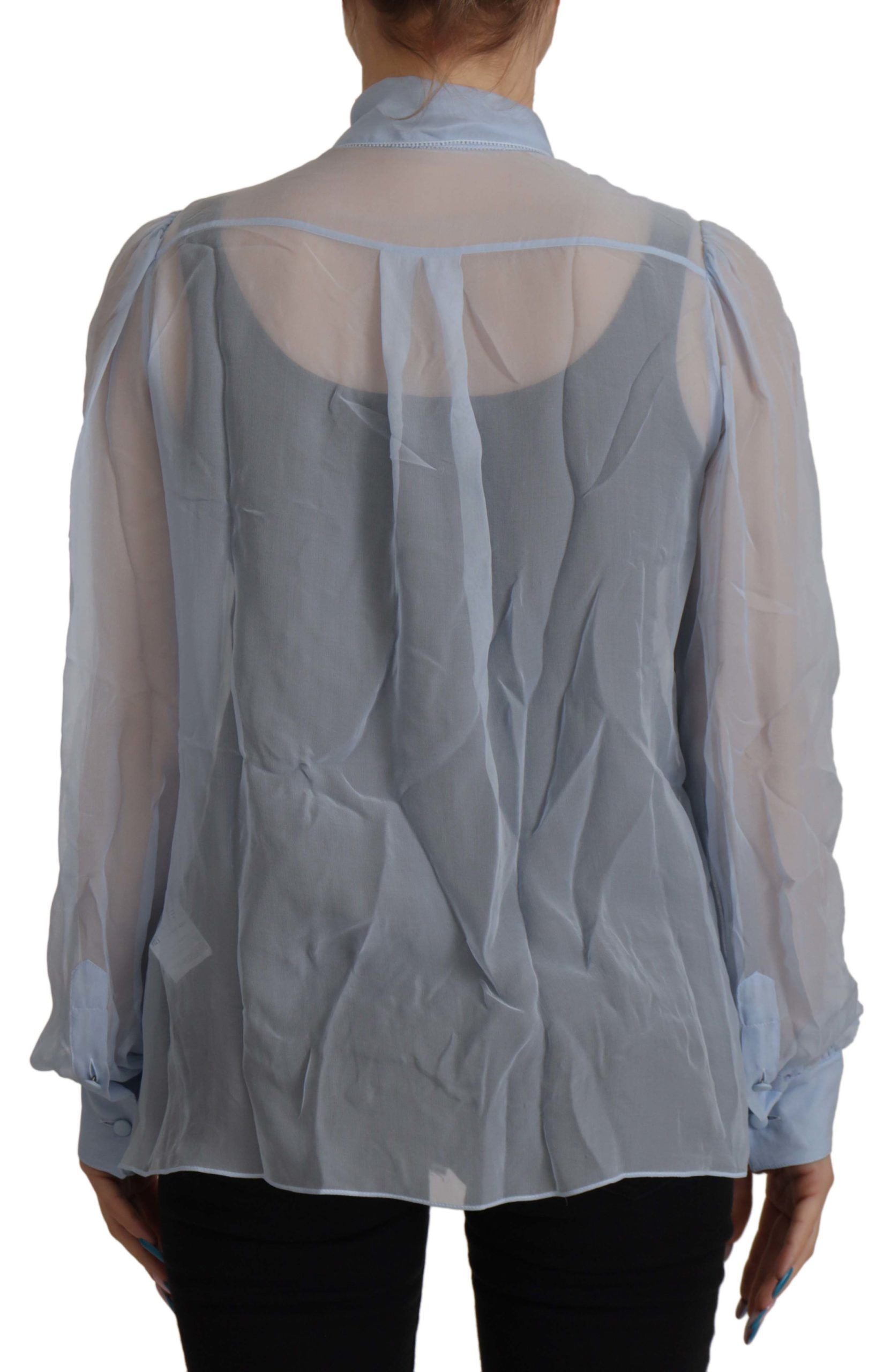 Dolce & Gabbana Light Blue Silk Ascot Collar Long Sleeves Top Dolce & Gabbana