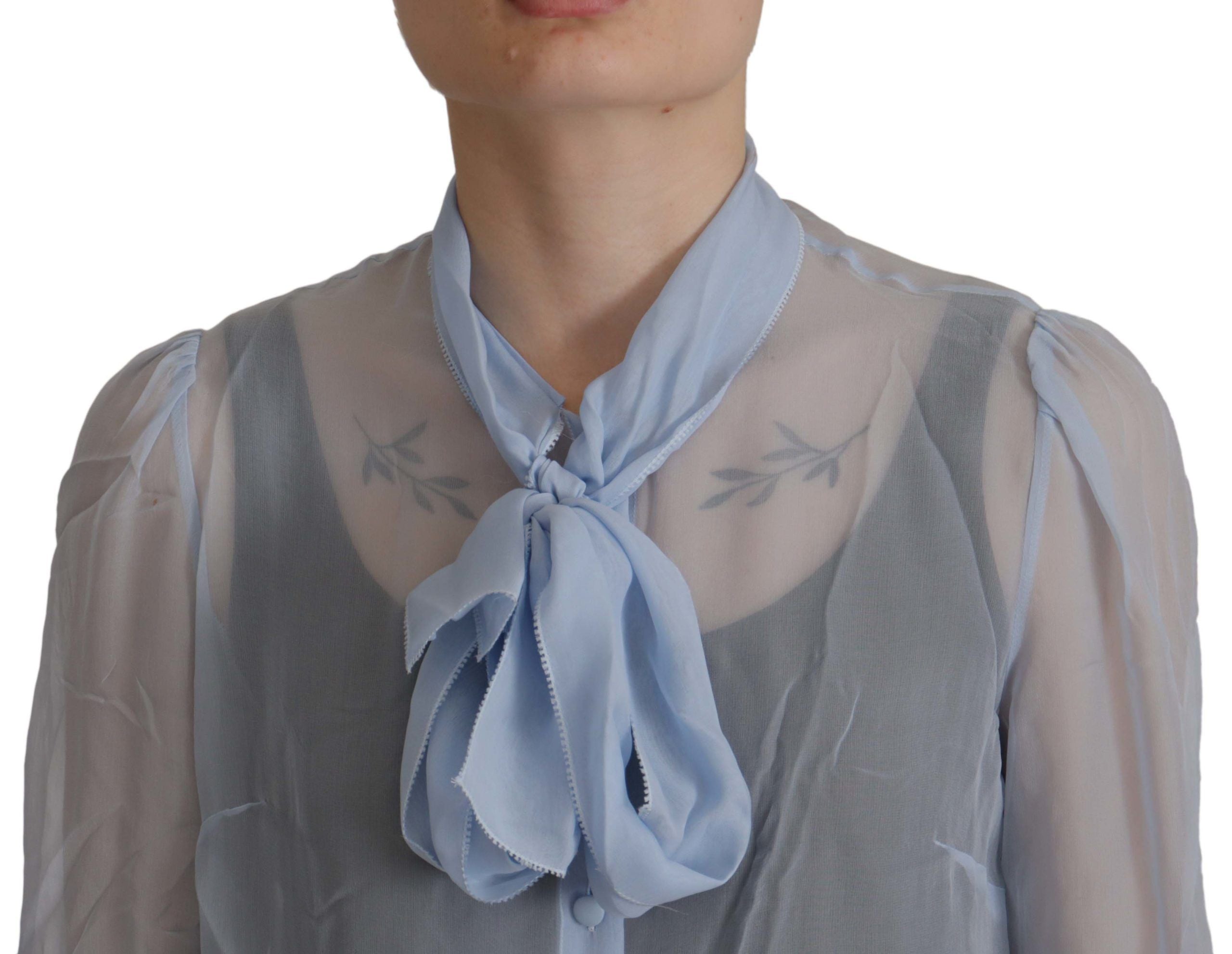 Dolce & Gabbana Light Blue Silk Ascot Collar Long Sleeves Top Dolce & Gabbana