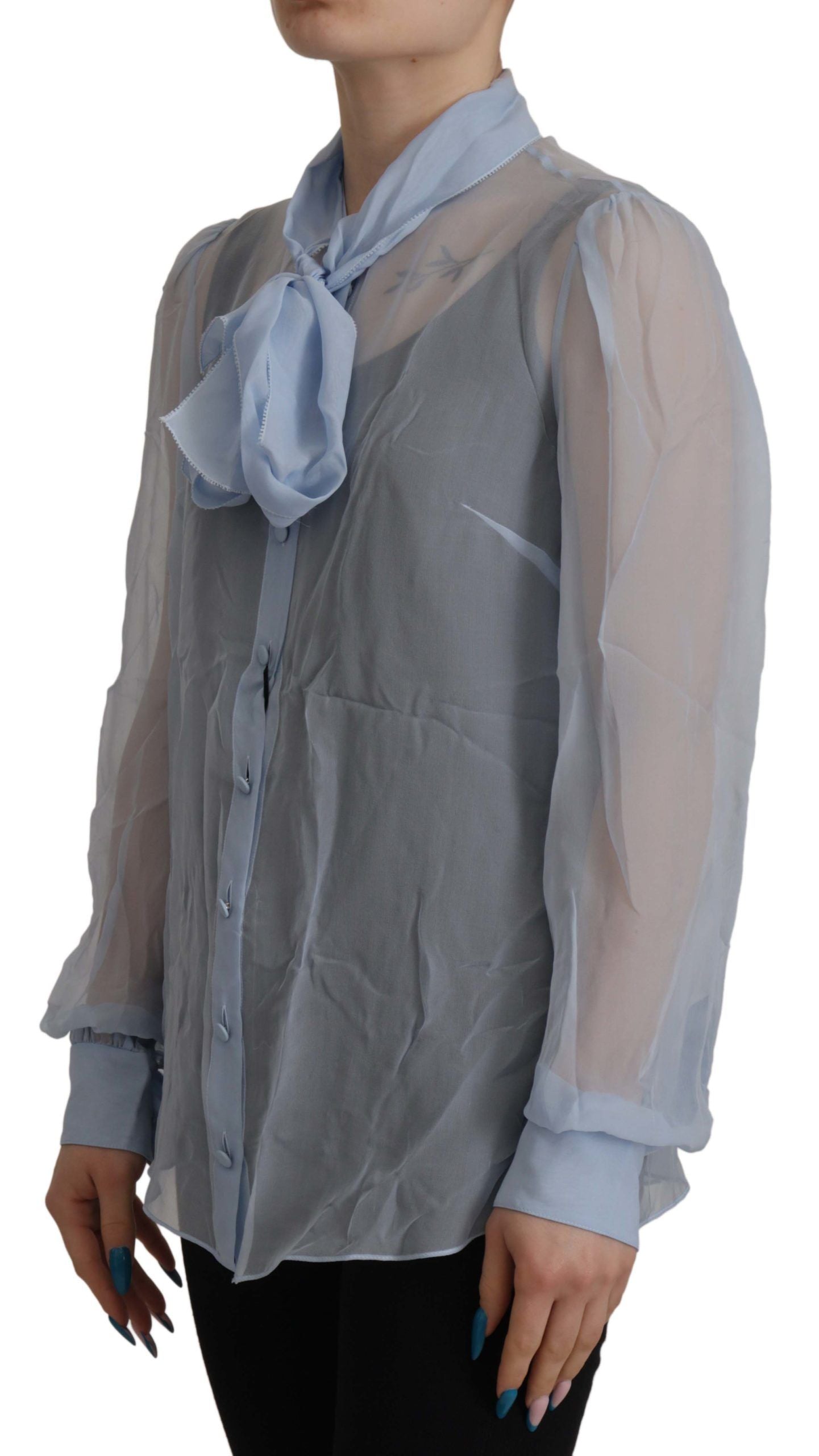 Dolce & Gabbana Light Blue Silk Ascot Collar Long Sleeves Top Dolce & Gabbana