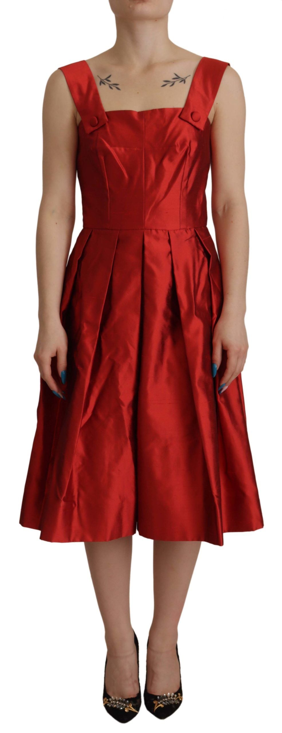 Dolce & Gabbana Red A-line Pleated Satin Silk Dress Dolce & Gabbana