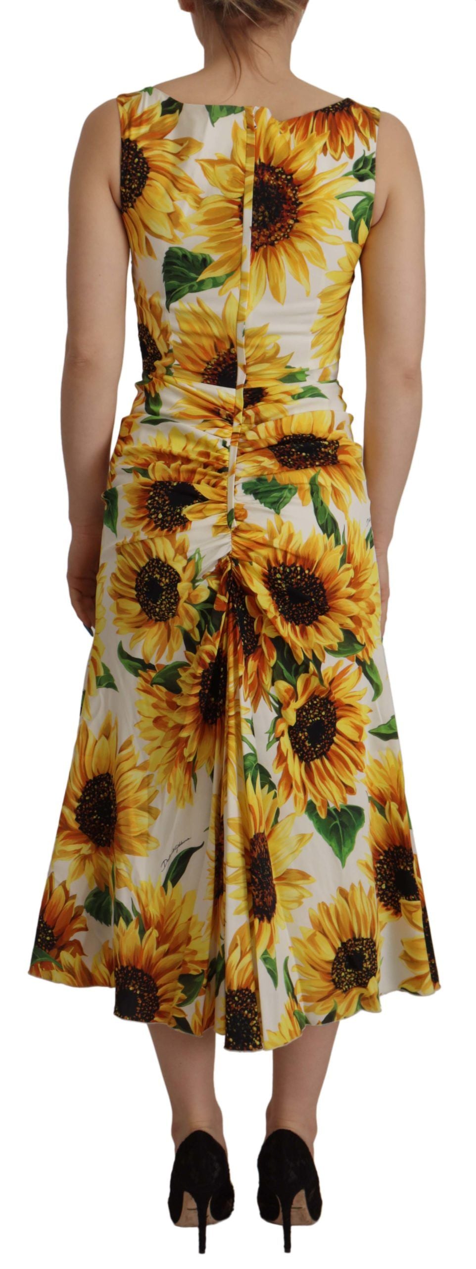 Dolce & Gabbana White Sunflower Print Sheath Midi Silk Dolce & Gabbana