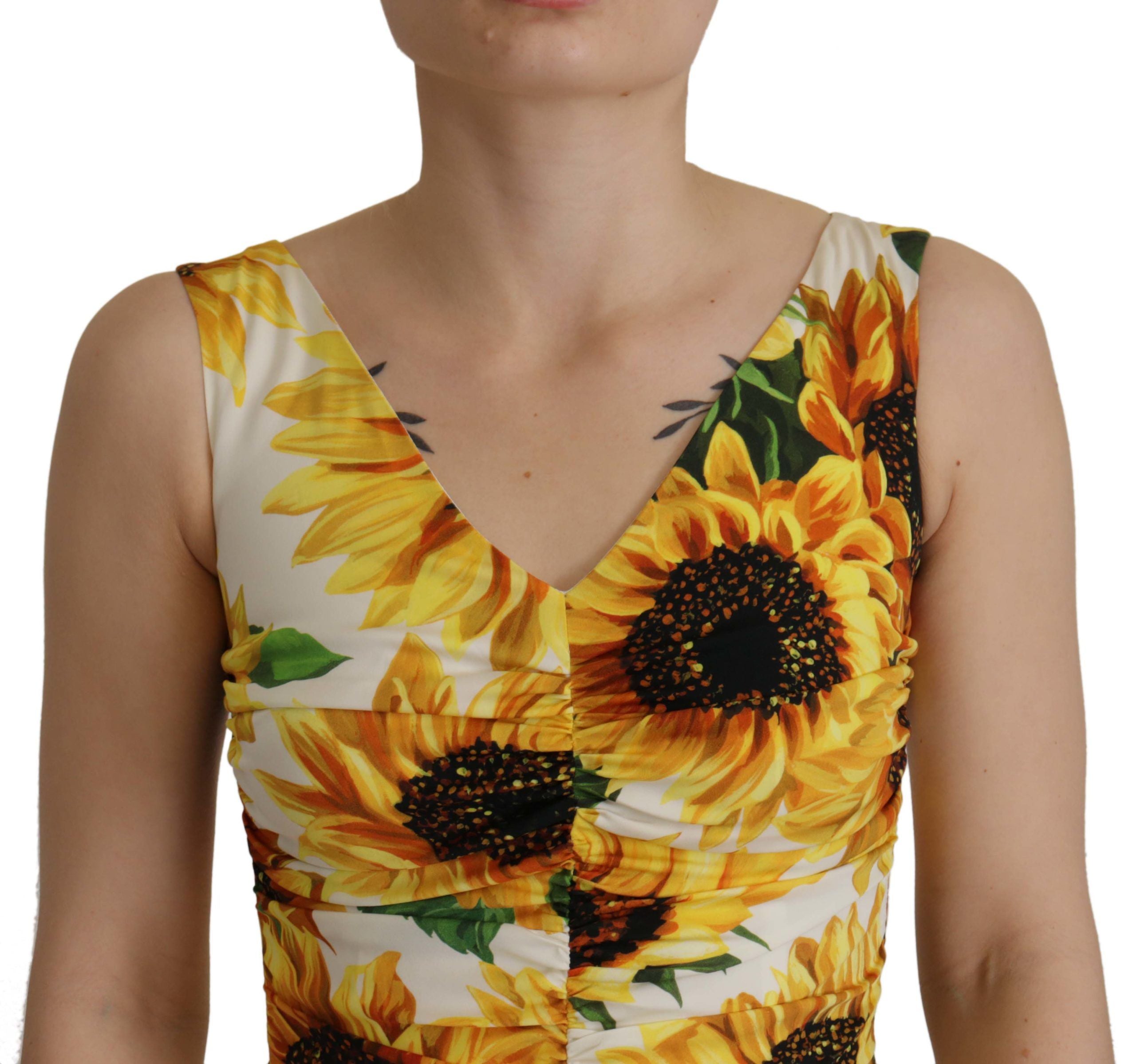 Dolce & Gabbana White Sunflower Print Sheath Midi Silk Dolce & Gabbana