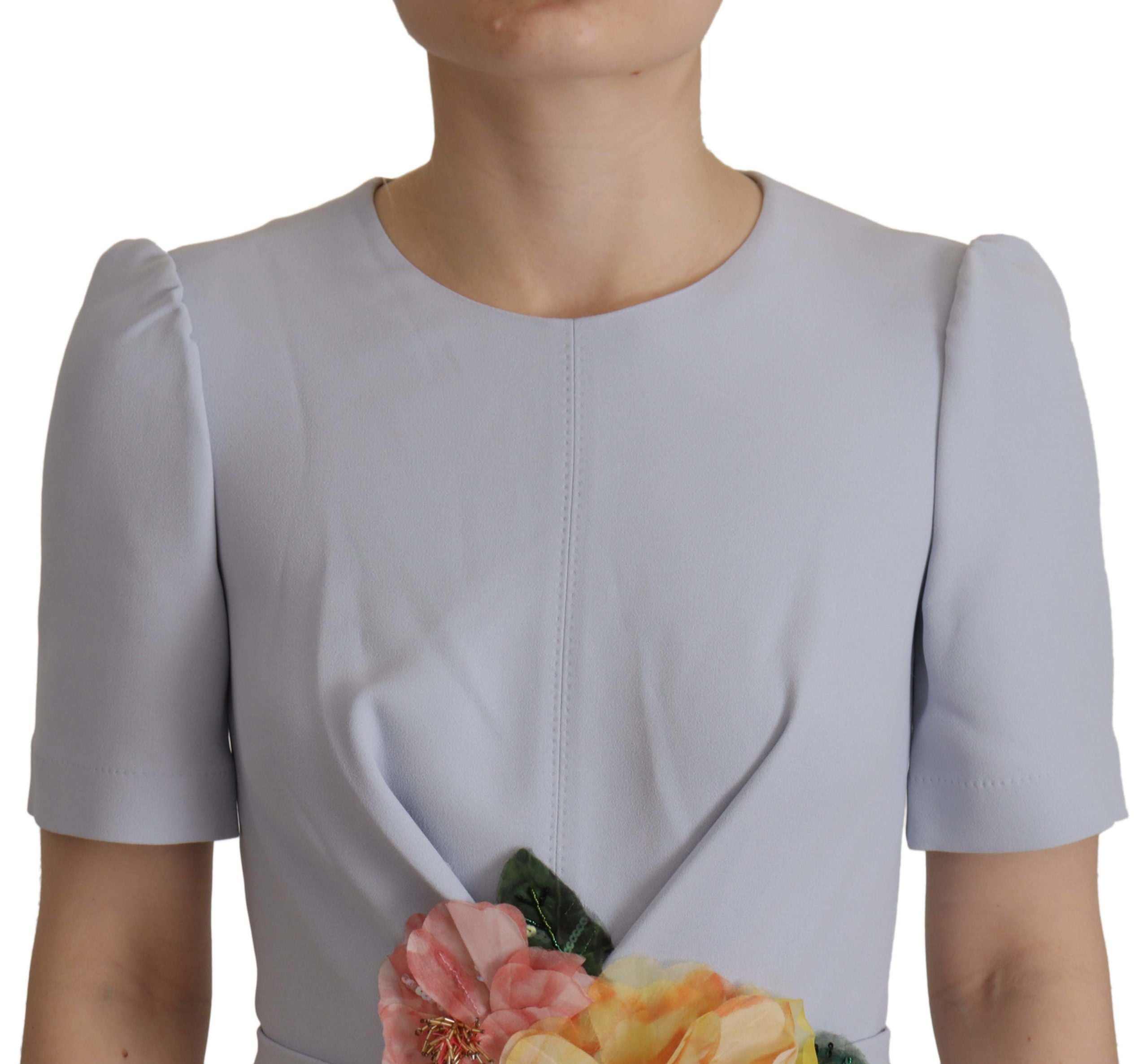Dolce & Gabbana Blue Floral Applique Midi Viscose Dress Dolce & Gabbana