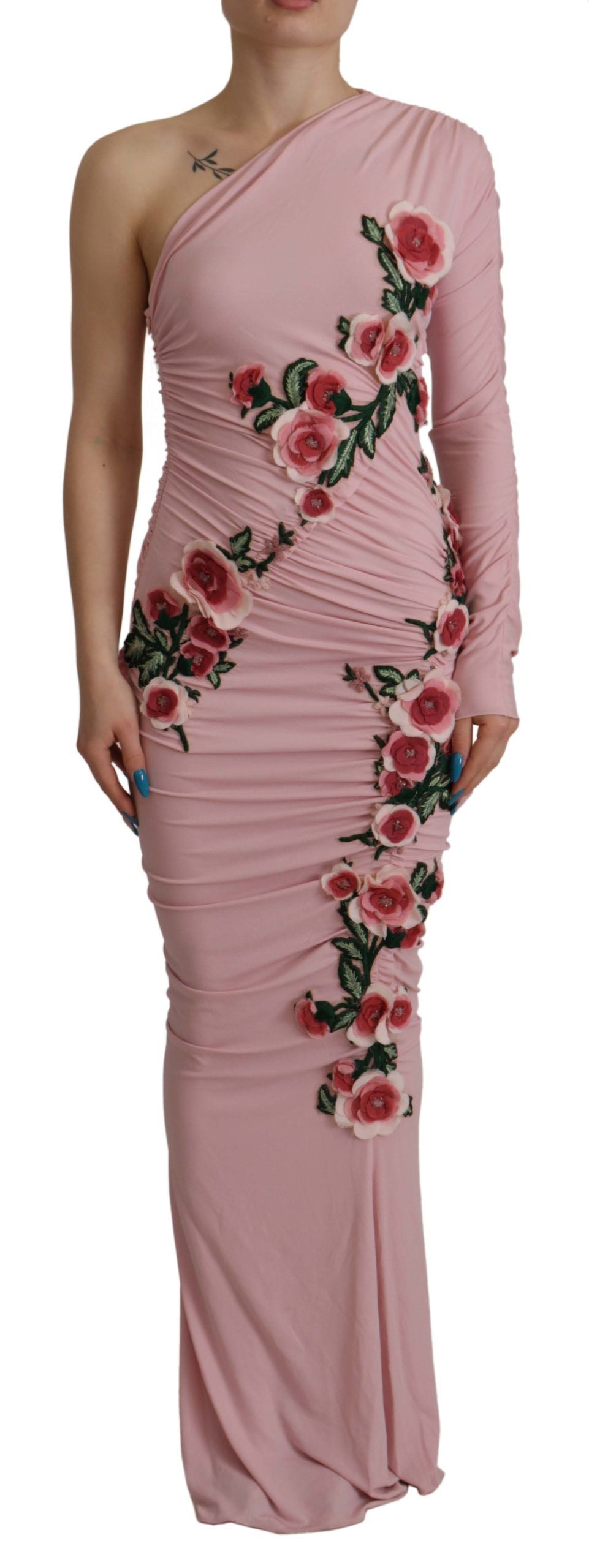 Dolce & Gabbana Pink Flower Embellished One Shoulder Dress Dolce & Gabbana