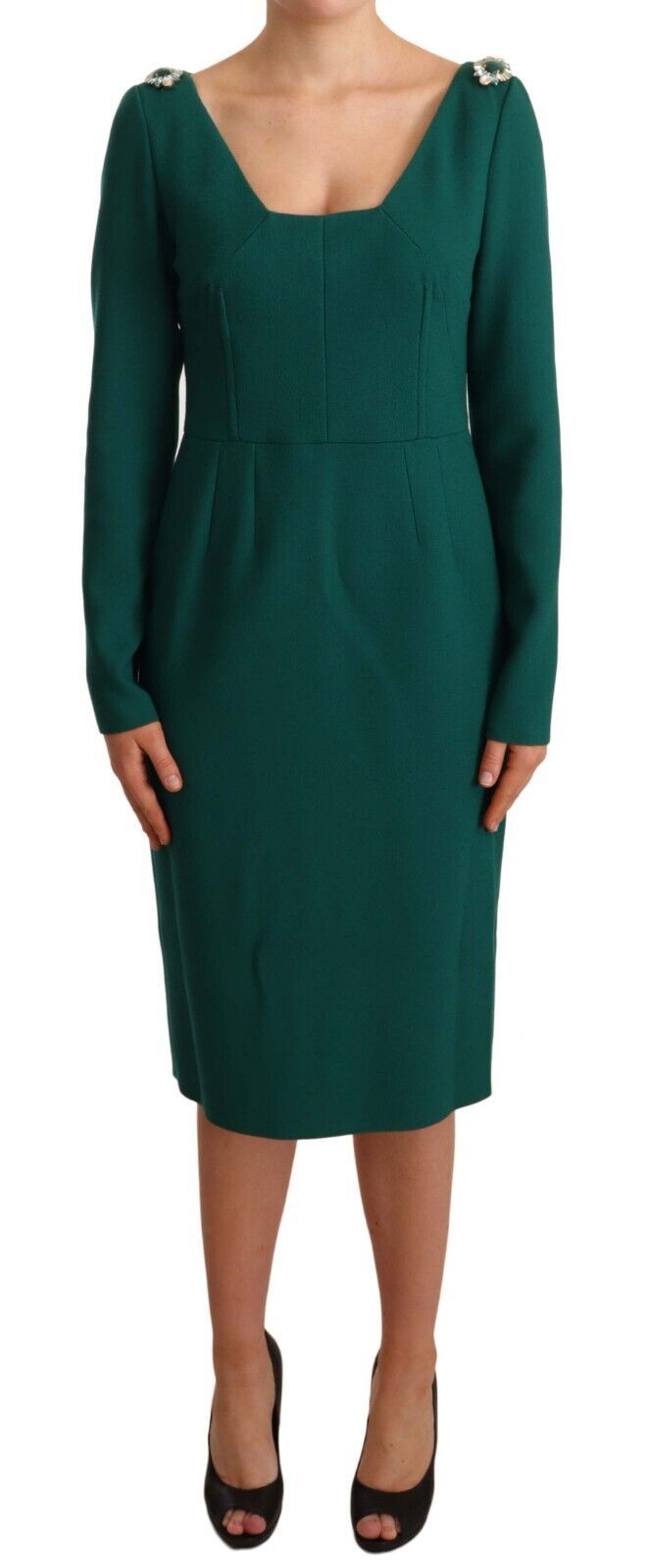 Dolce & Gabbana Green Stretch Crepe Crystal Midi Dress Dolce & Gabbana