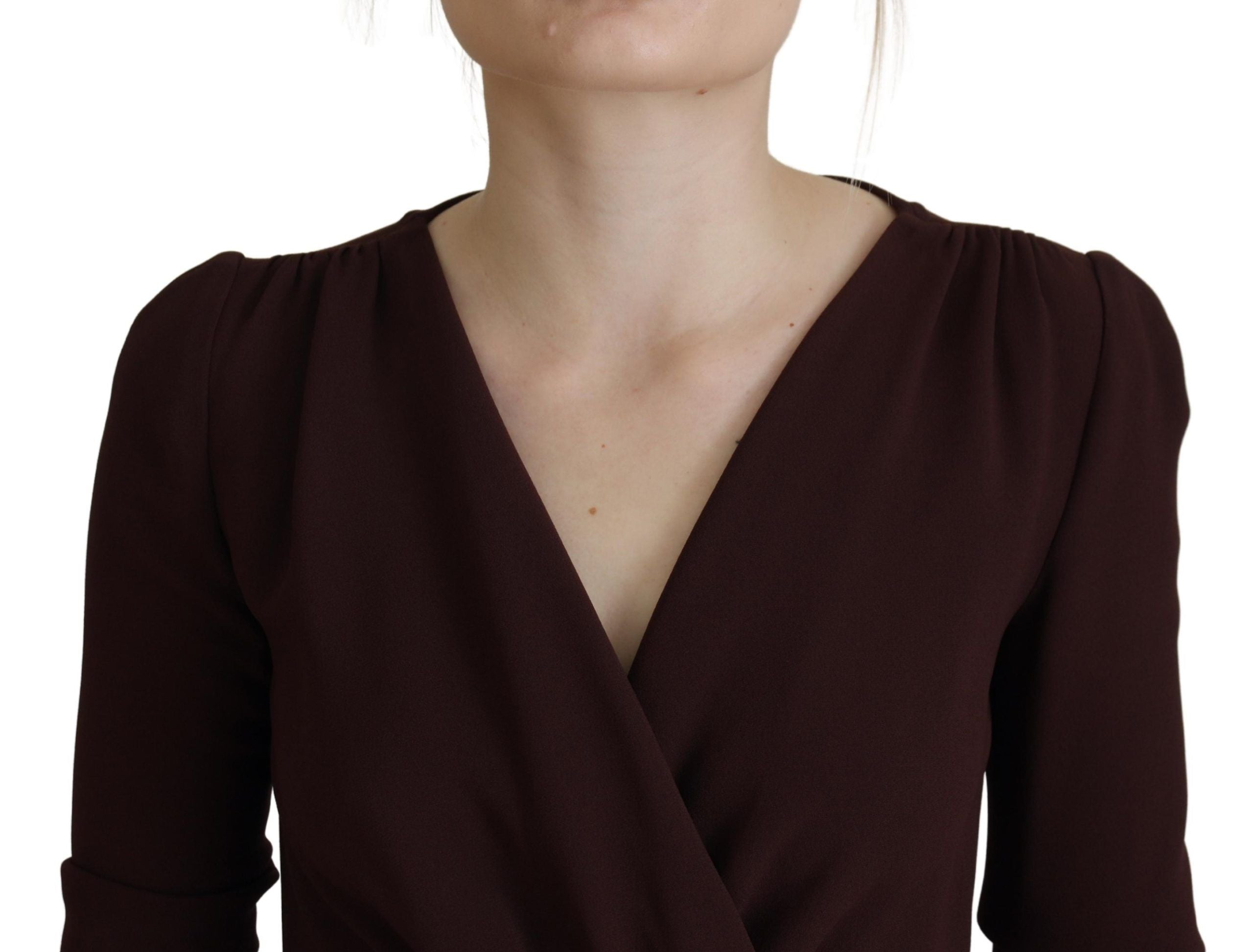Dolce & Gabbana Brown Wrap Long Sleeve Midi Stretch Dress Dolce & Gabbana