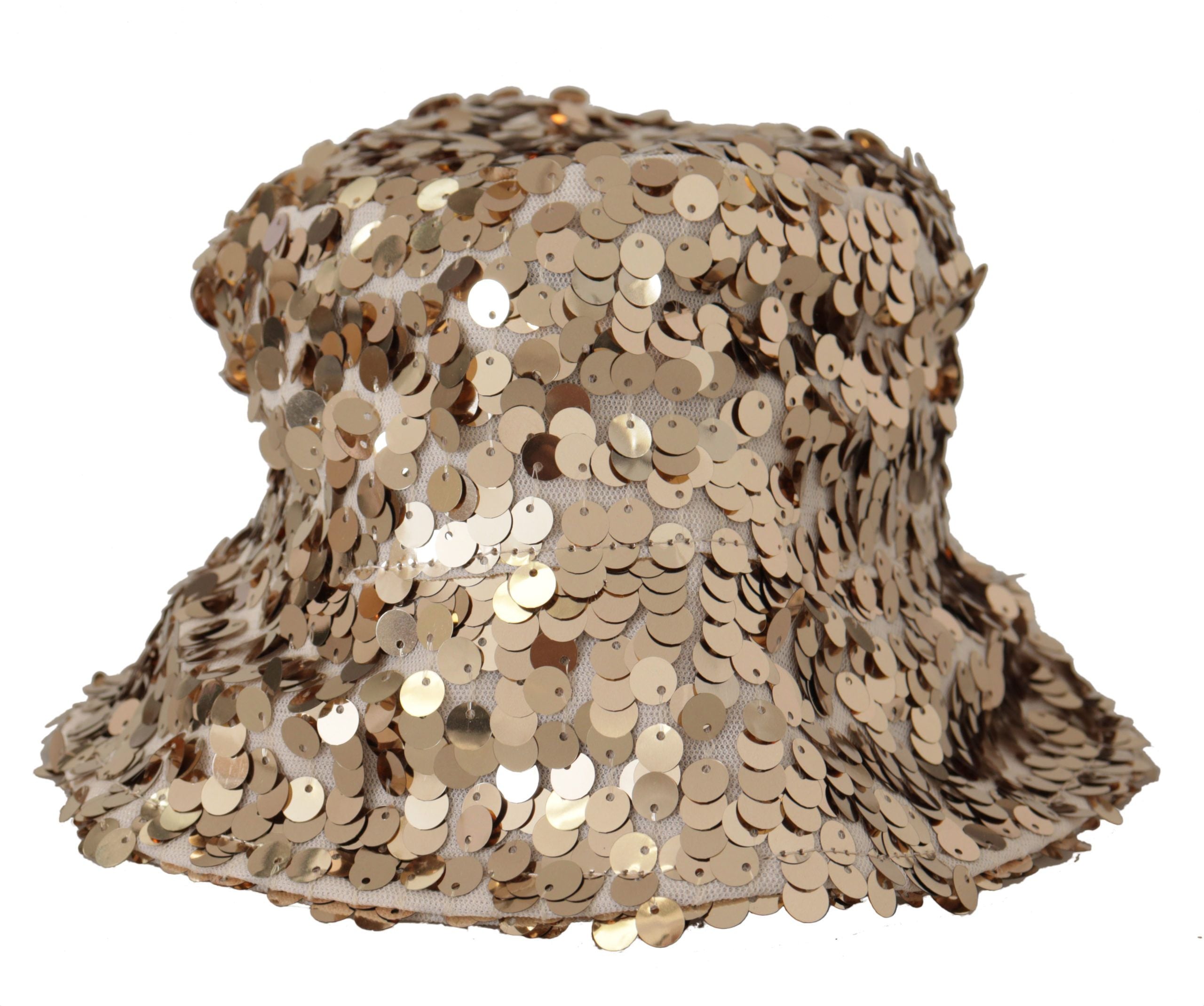 Dolce & Gabbana Gold Silk Sequin Embellished Designer Brim Bucket Hat Dolce & Gabbana