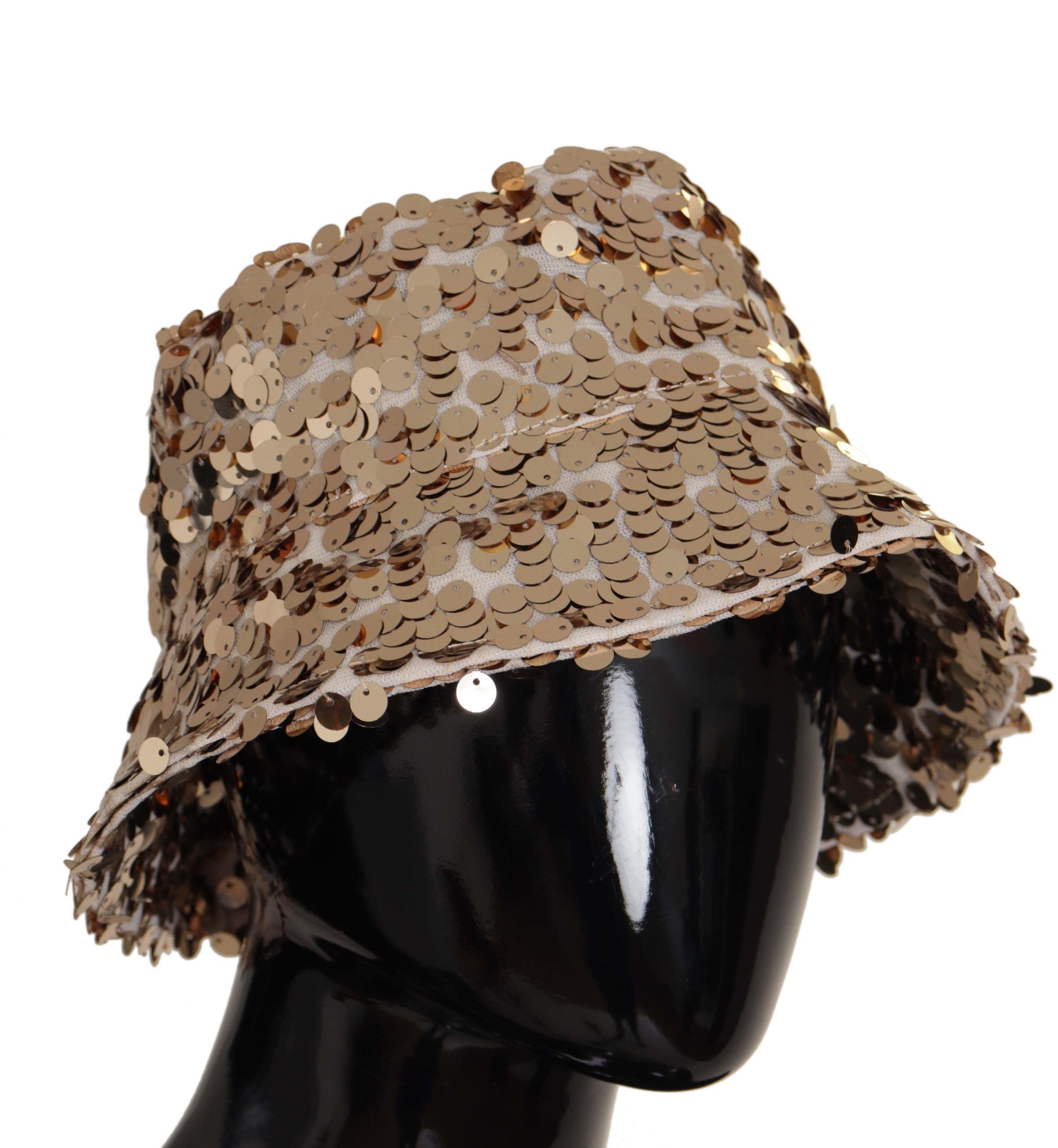 Dolce & Gabbana Gold Silk Sequin Embellished Designer Brim Bucket Hat Dolce & Gabbana