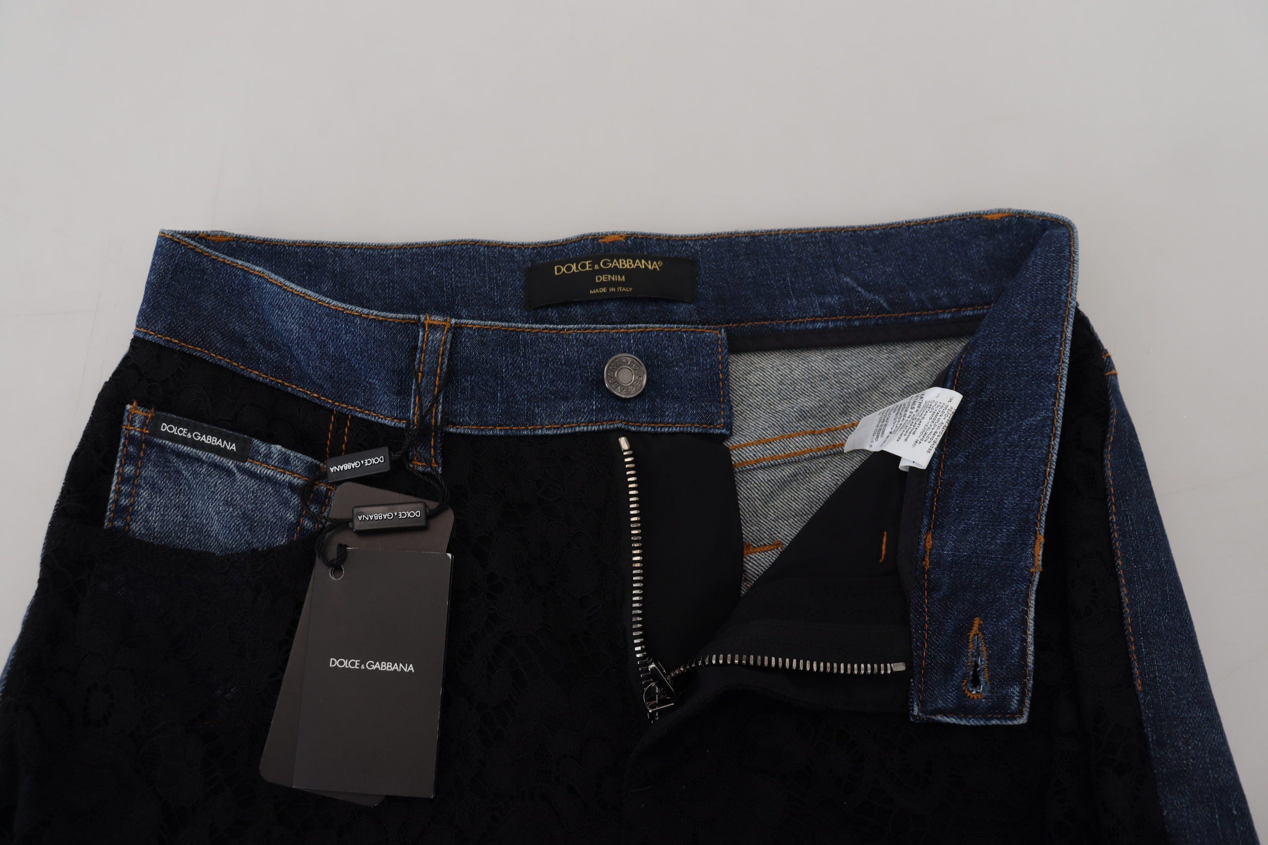 Dolce & Gabbana Black Floral Lace Front Skinny Denim Jeans Dolce & Gabbana